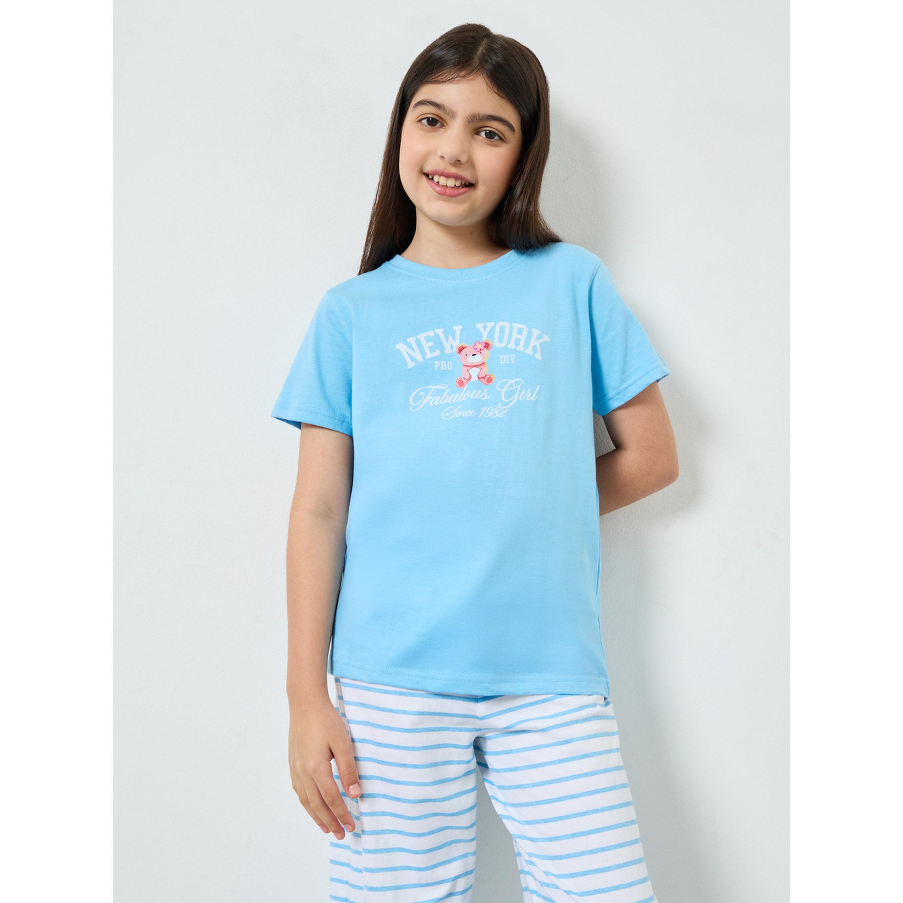 Styli Teen Girls Bear Print T-Shirt and Striped Pyjama Set-girls-clothing-nightwear-image-3