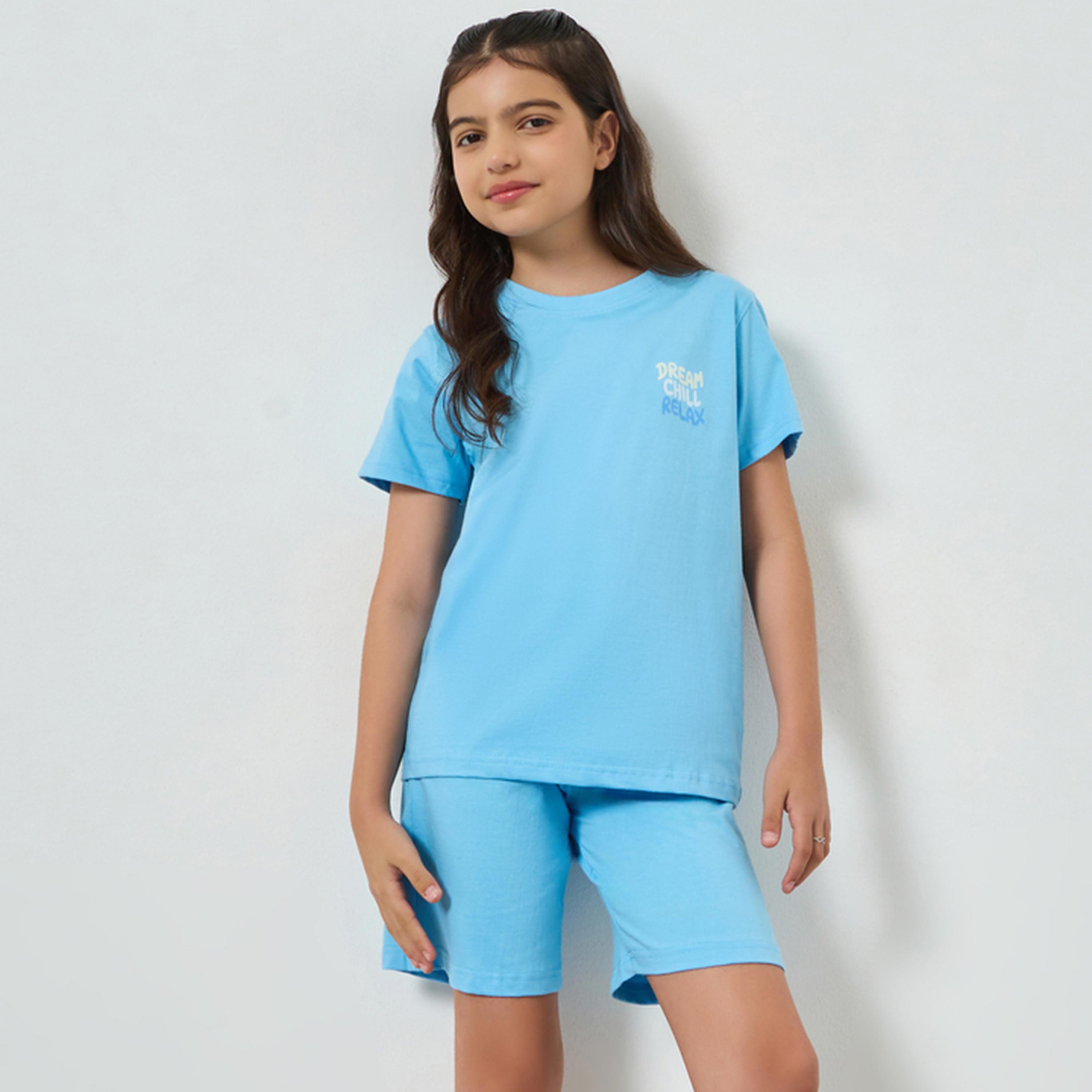 مجموعة من شورت وتيشيرت قطن مطبوع-girls-clothing-nightwear-image-1