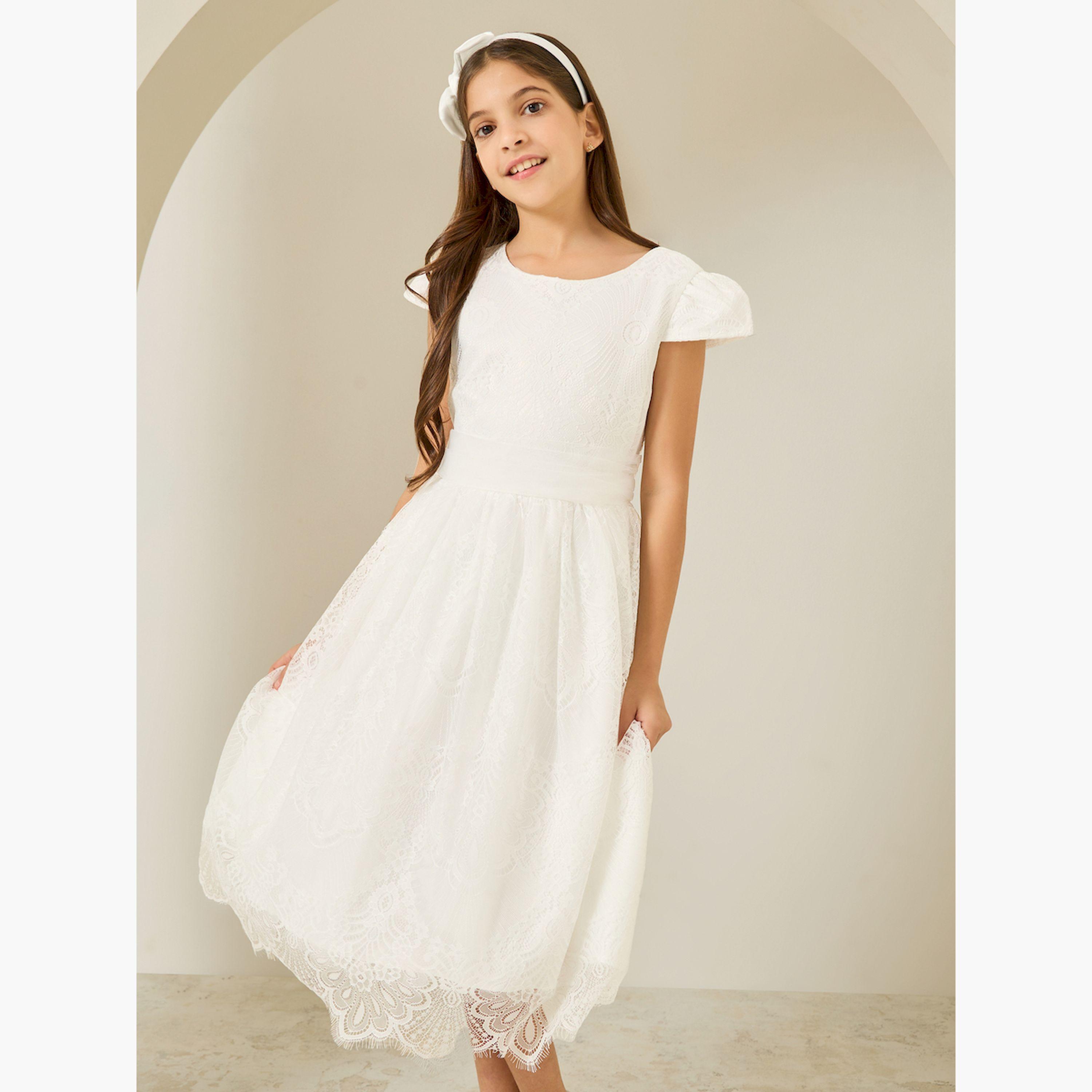 فستان بتفاصيل دانتيل وأكمام قصيرة-girls-clothing-dressesandjumpsuits-image-1