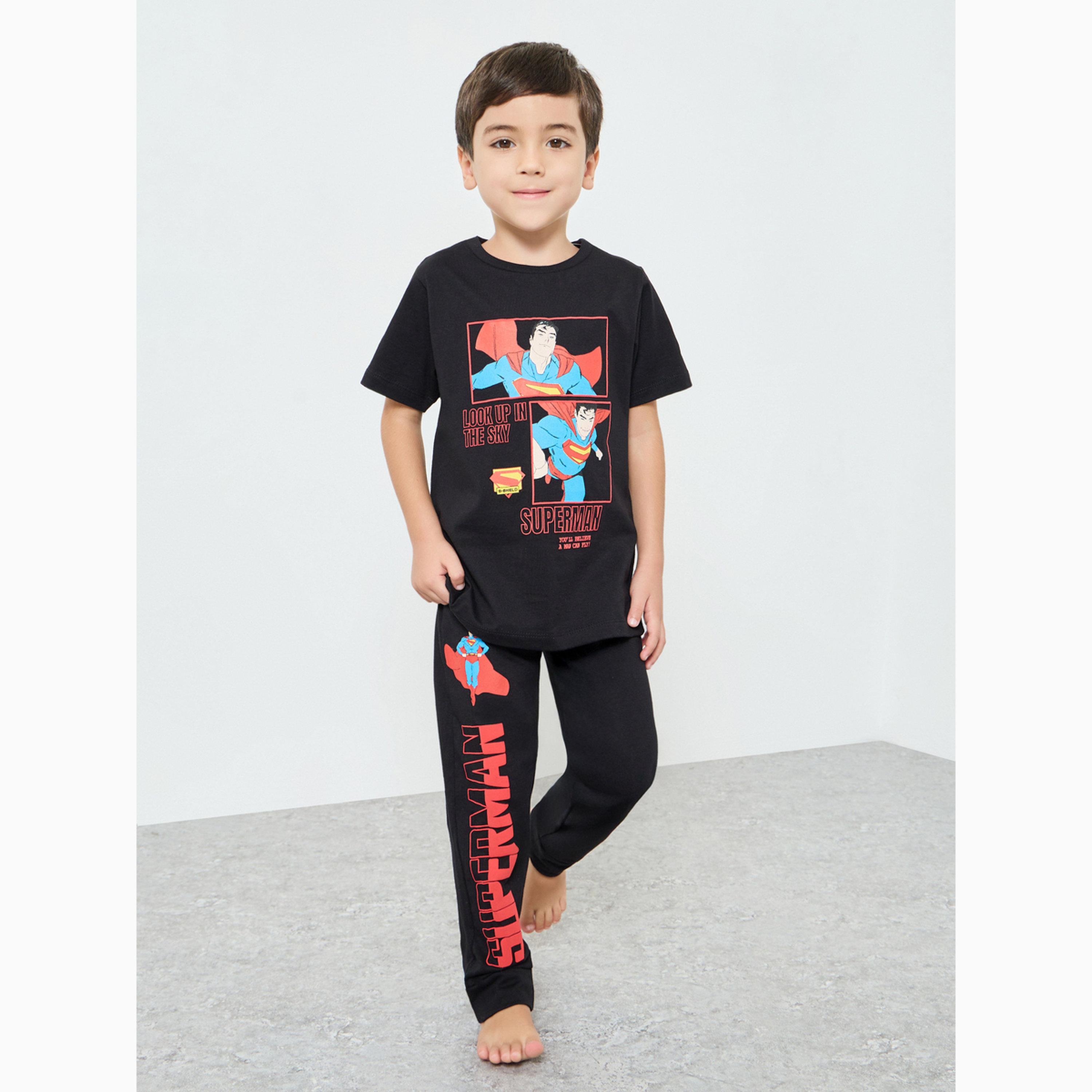 Styli Boys Black Superman Cotton T-Shirt and Pants Set-boys-clothing-setsandcoords-image-1