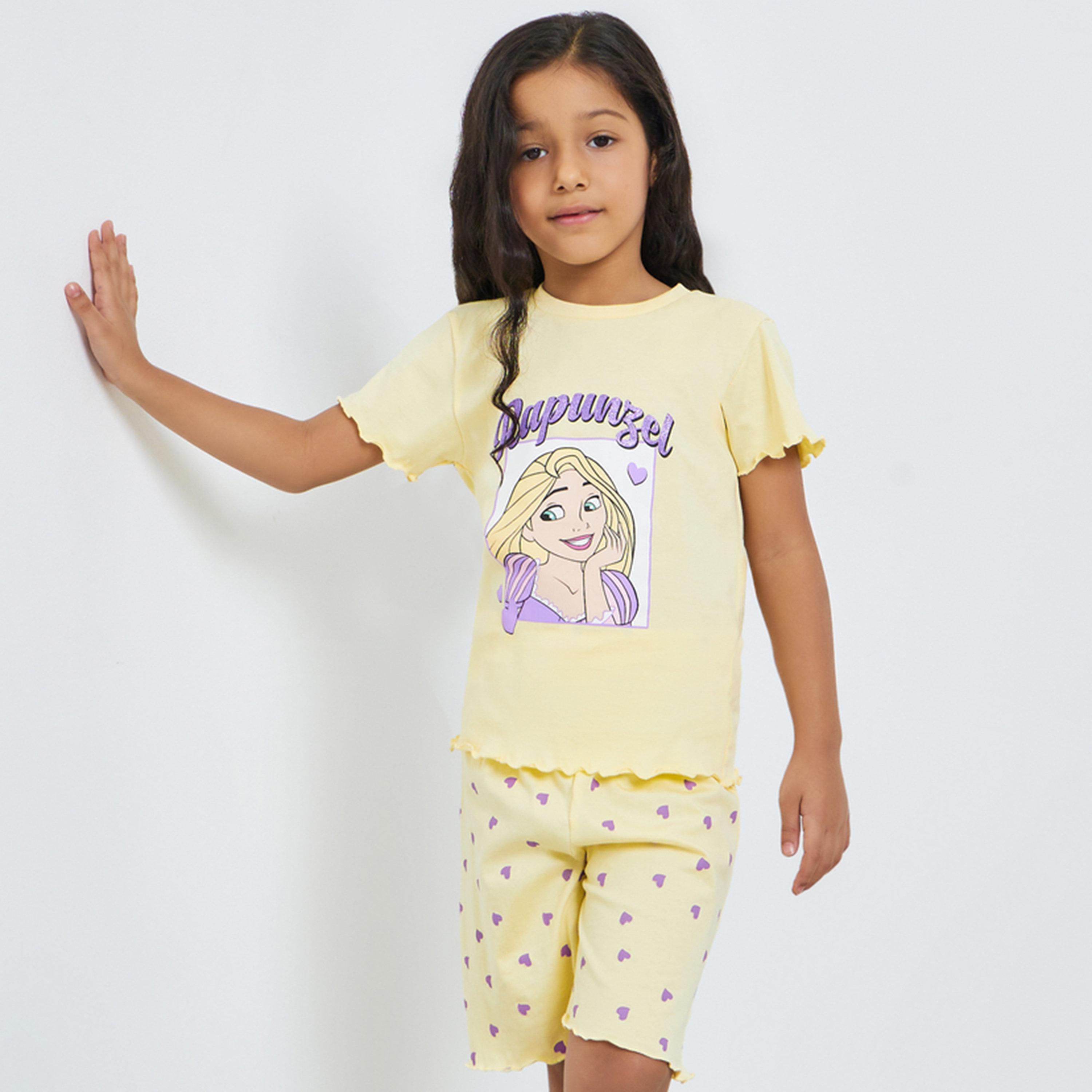 Styli Girls Disney Rapunzel Cotton T-Shirt and Shorts Set-girls-clothing-setsandcoords-image-1