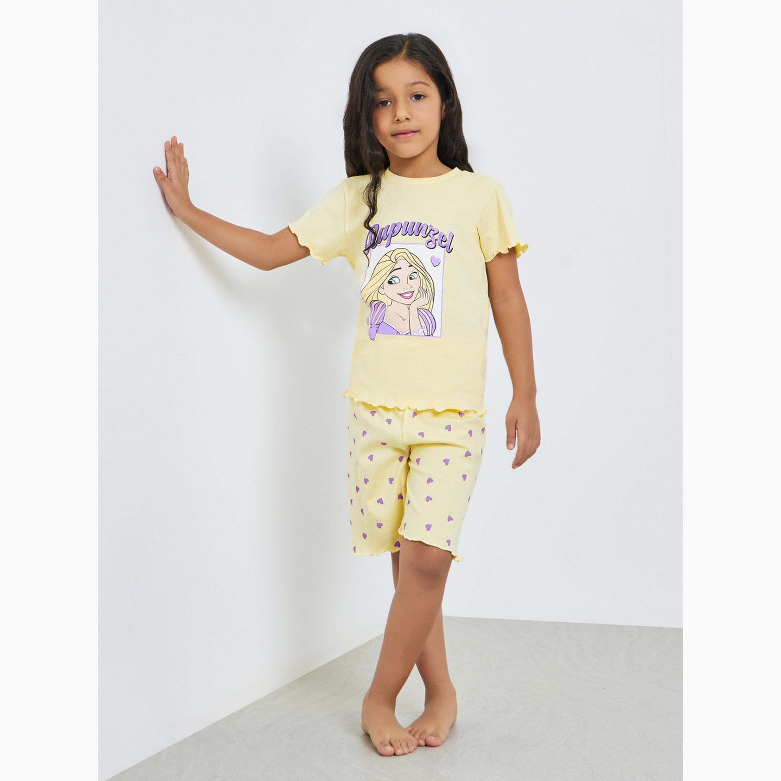 Styli Girls Disney Rapunzel Cotton T-Shirt and Shorts Set-girls-clothing-setsandcoords-image-2