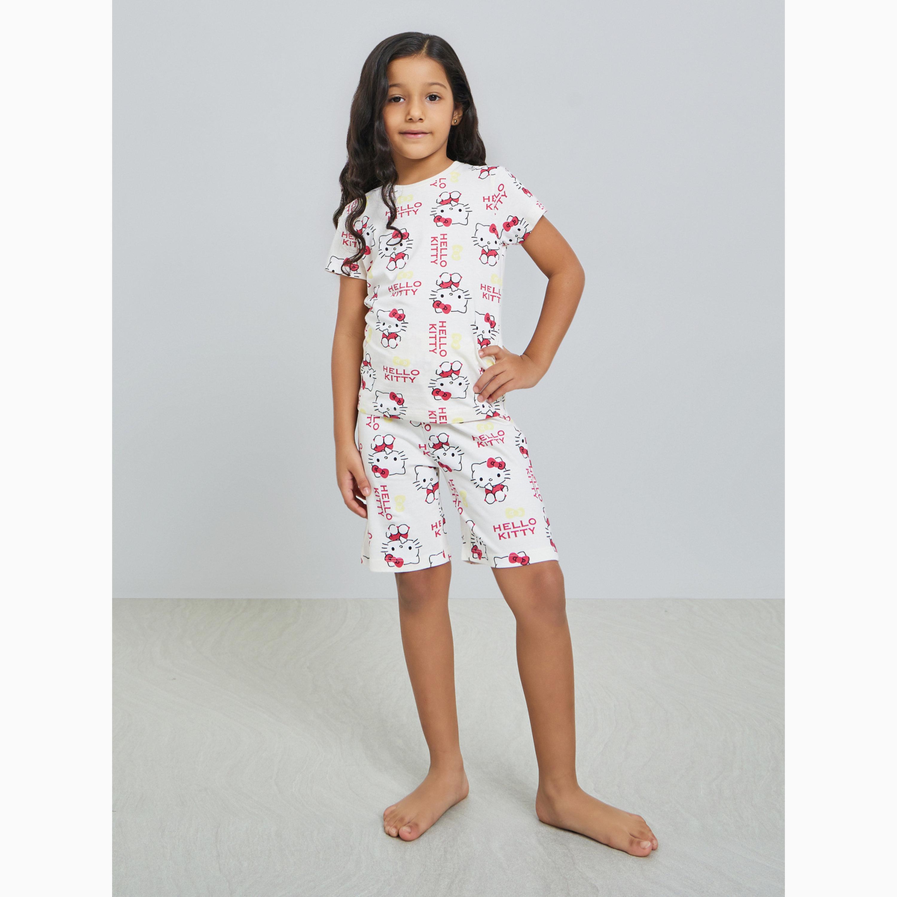مجموعة من تيشيرت وشورت قطن هيلو كيتي للبنات-girls-clothing-setsandcoords-image-2