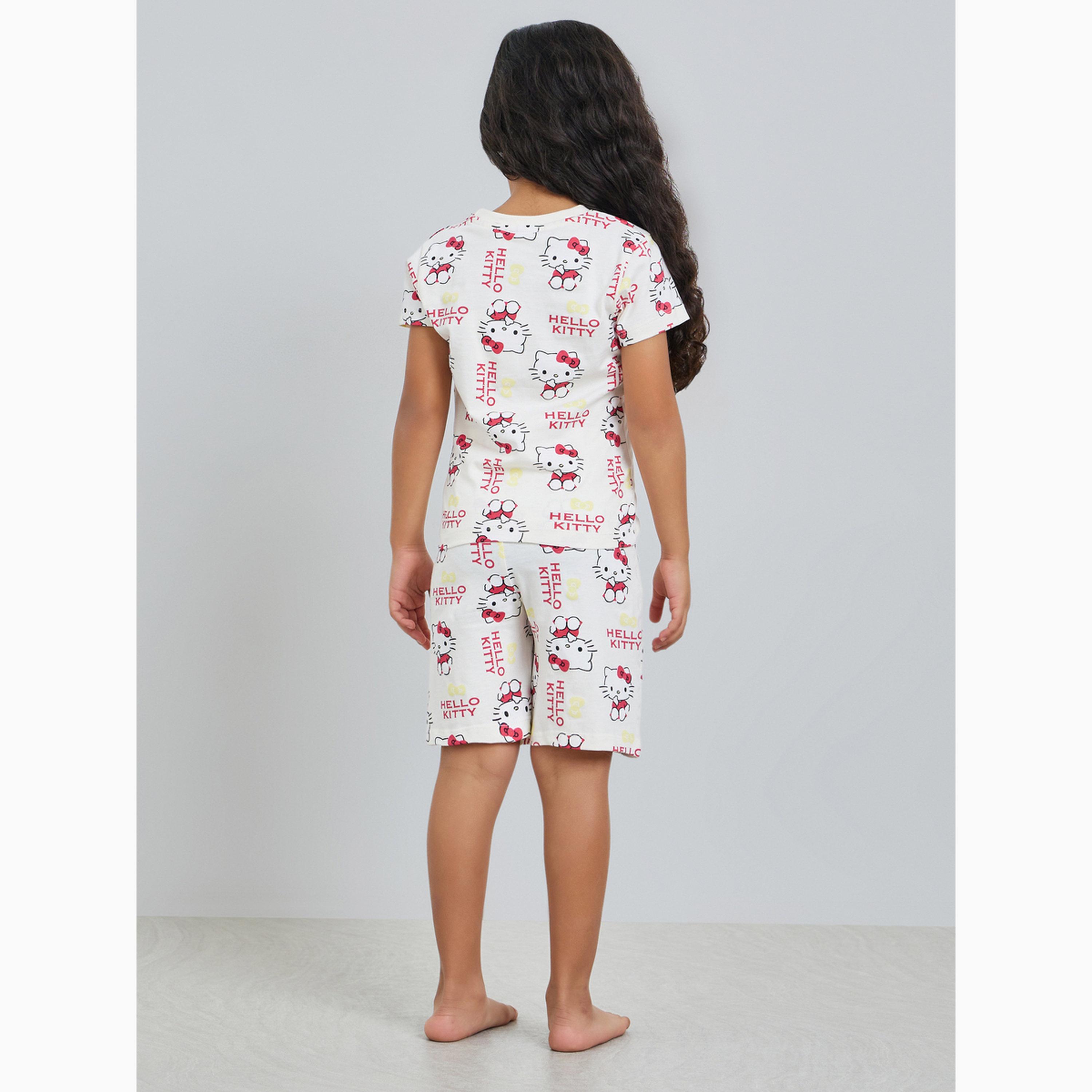 مجموعة من تيشيرت وشورت قطن هيلو كيتي للبنات-girls-clothing-setsandcoords-image-5