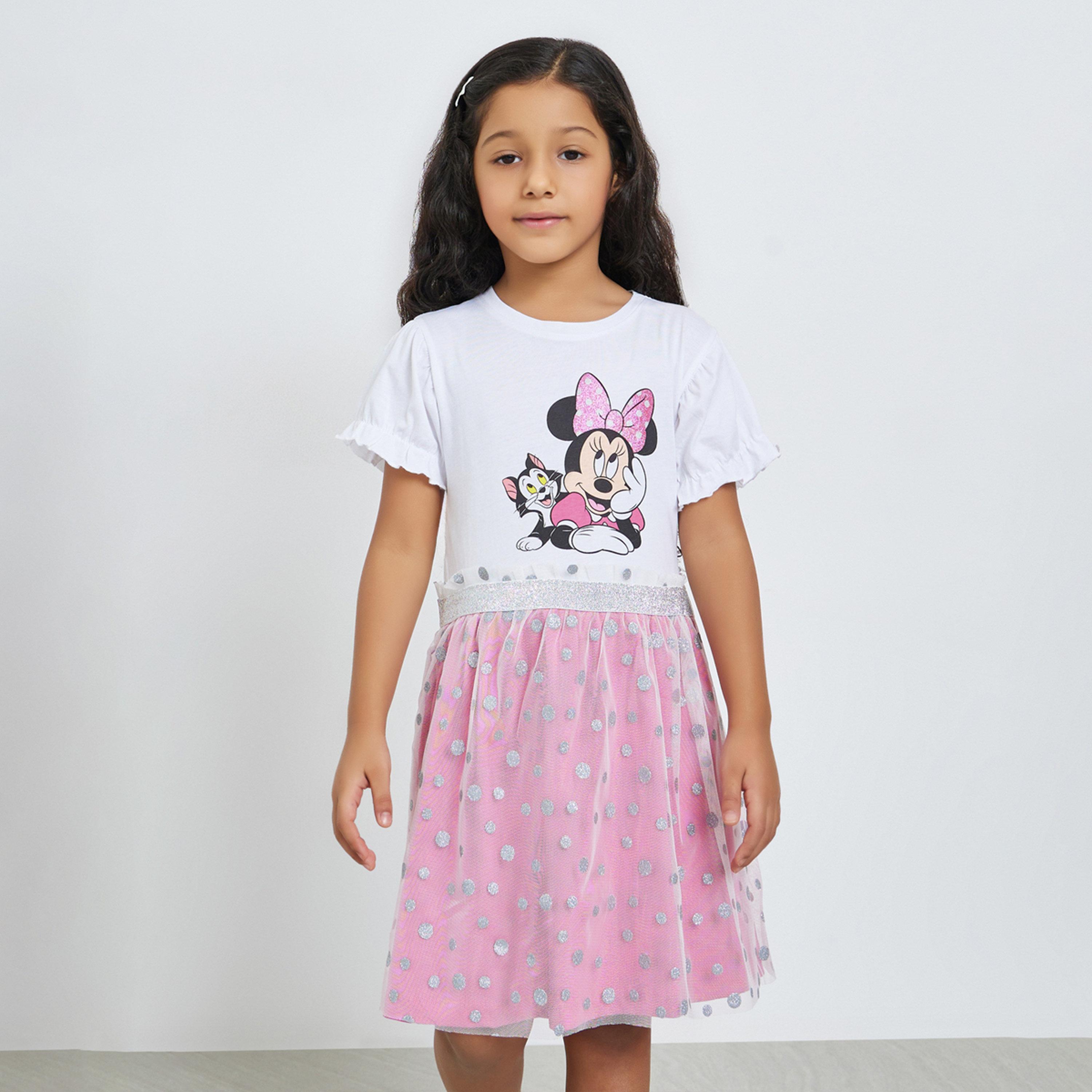 فستان بطبعة ميني ماوس للفتيات لون وردي-girls-clothing-dressesandjumpsuits-image-1