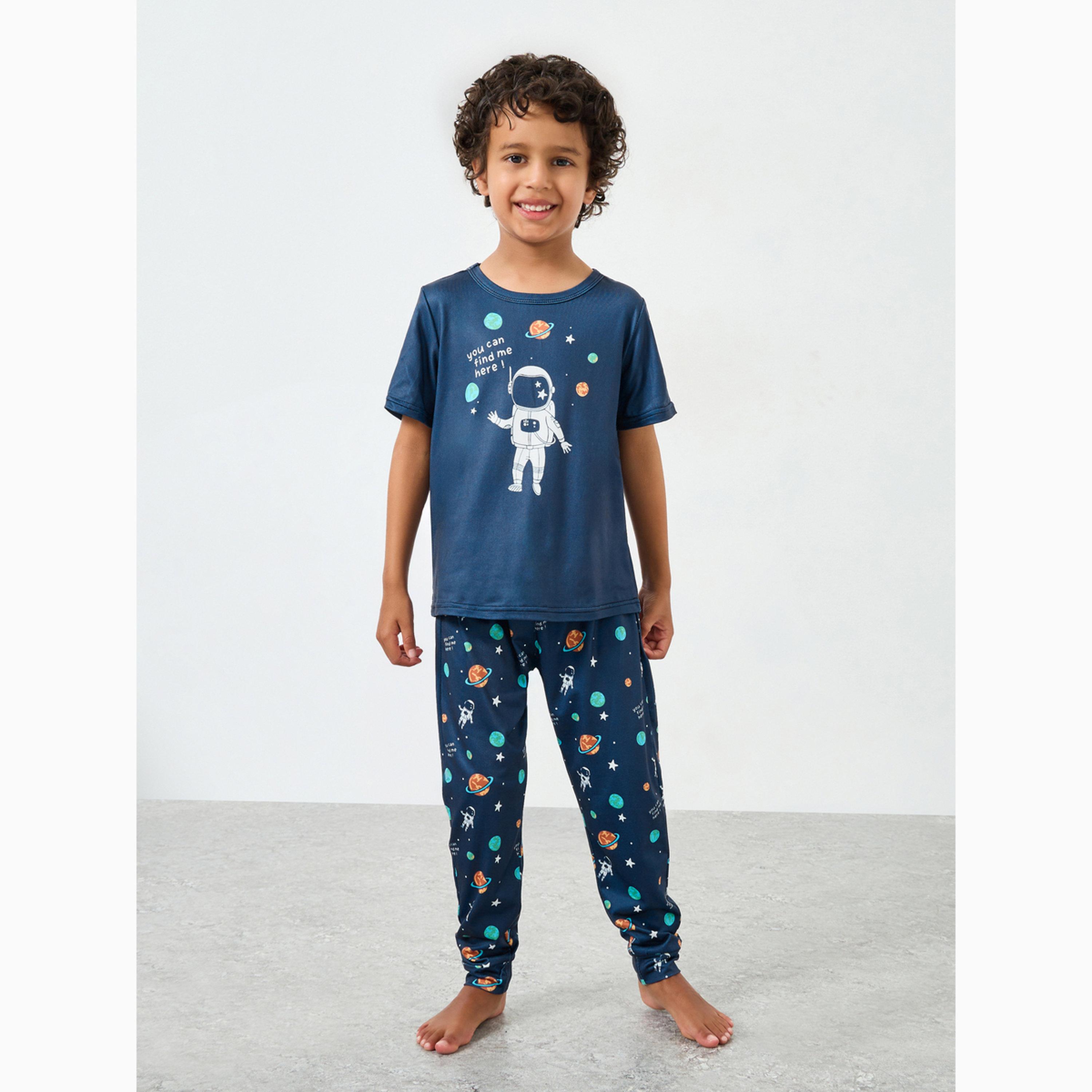 Styli Boys Graphic Print Short Sleeve T-Shirt with Pyjama Set-boys-clothing-nightwear-image-1