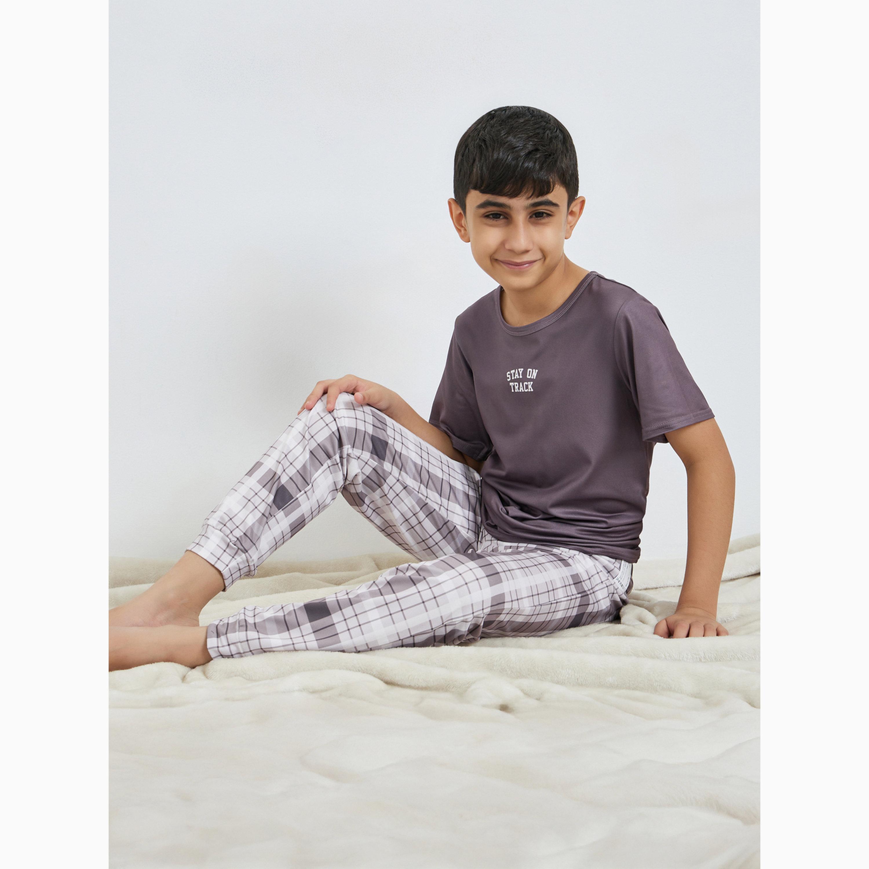 Styli Boys Slogan Print Short Sleeve T-Shirt and Checked Pyjama Set-girls-clothing-nightwear-image-2