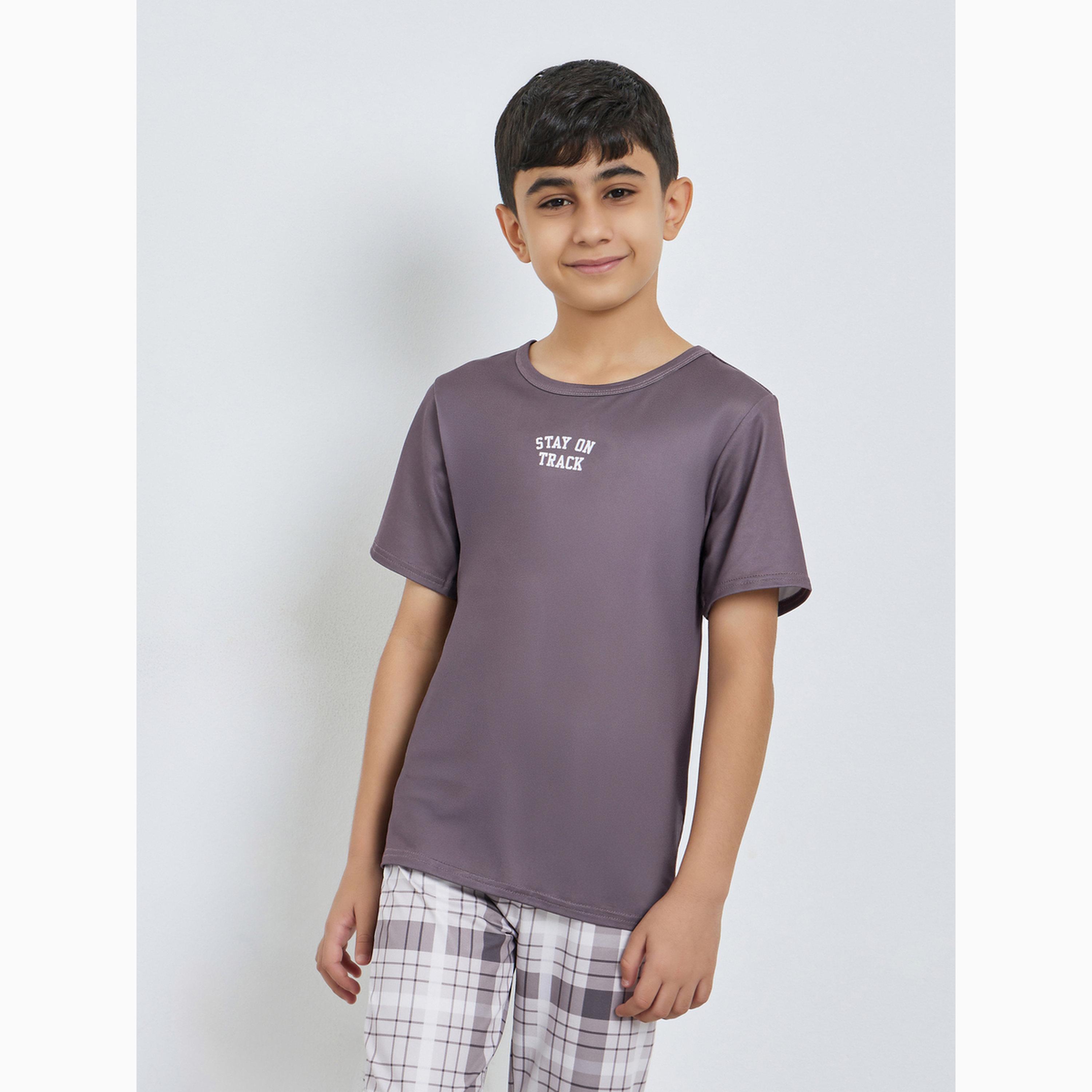 Styli Boys Slogan Print Short Sleeve T-Shirt and Checked Pyjama Set-girls-clothing-nightwear-image-3