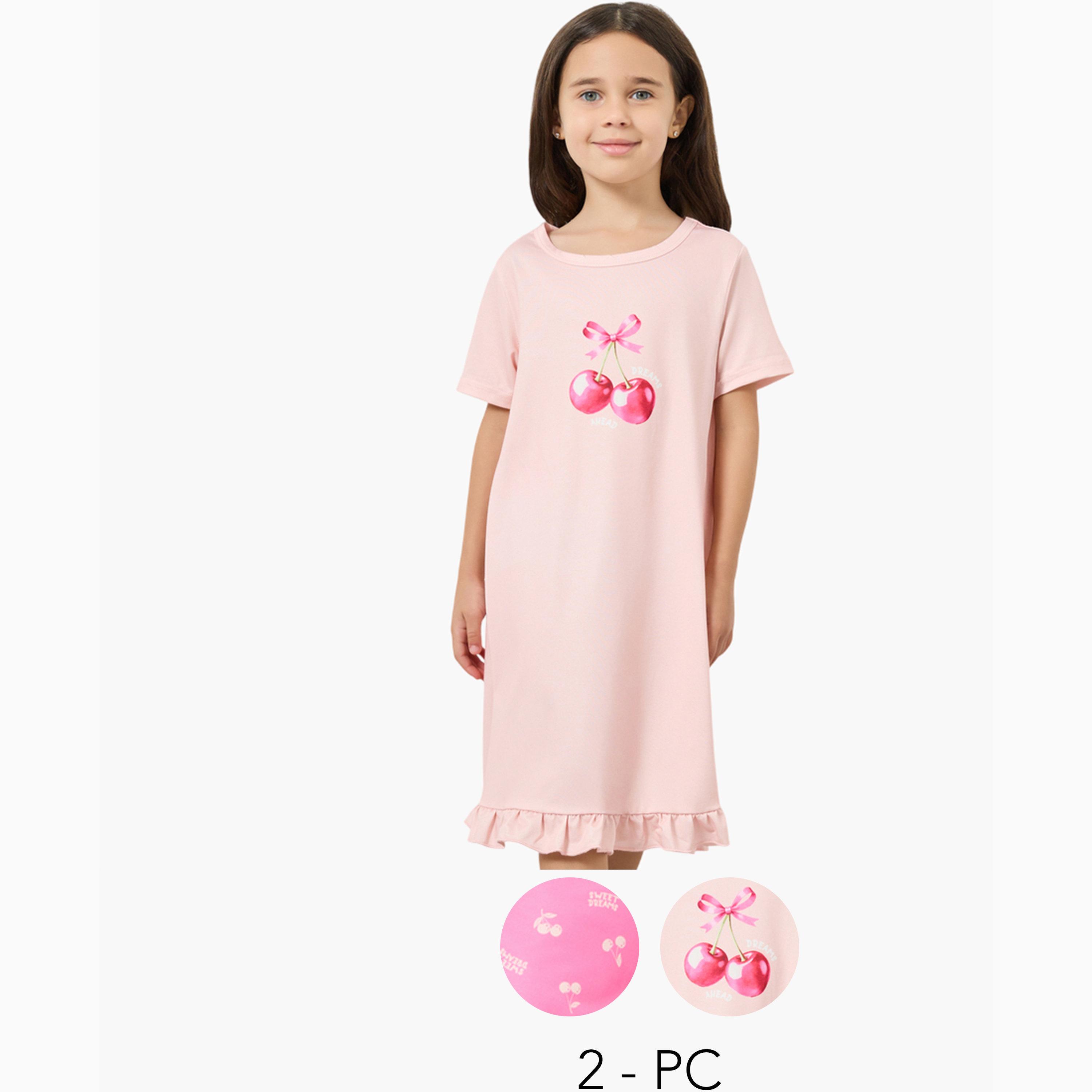 Styli Girls Pack of 2 - Printed Short Sleeve Nightdress-girls-clothing-nightwear-image-1