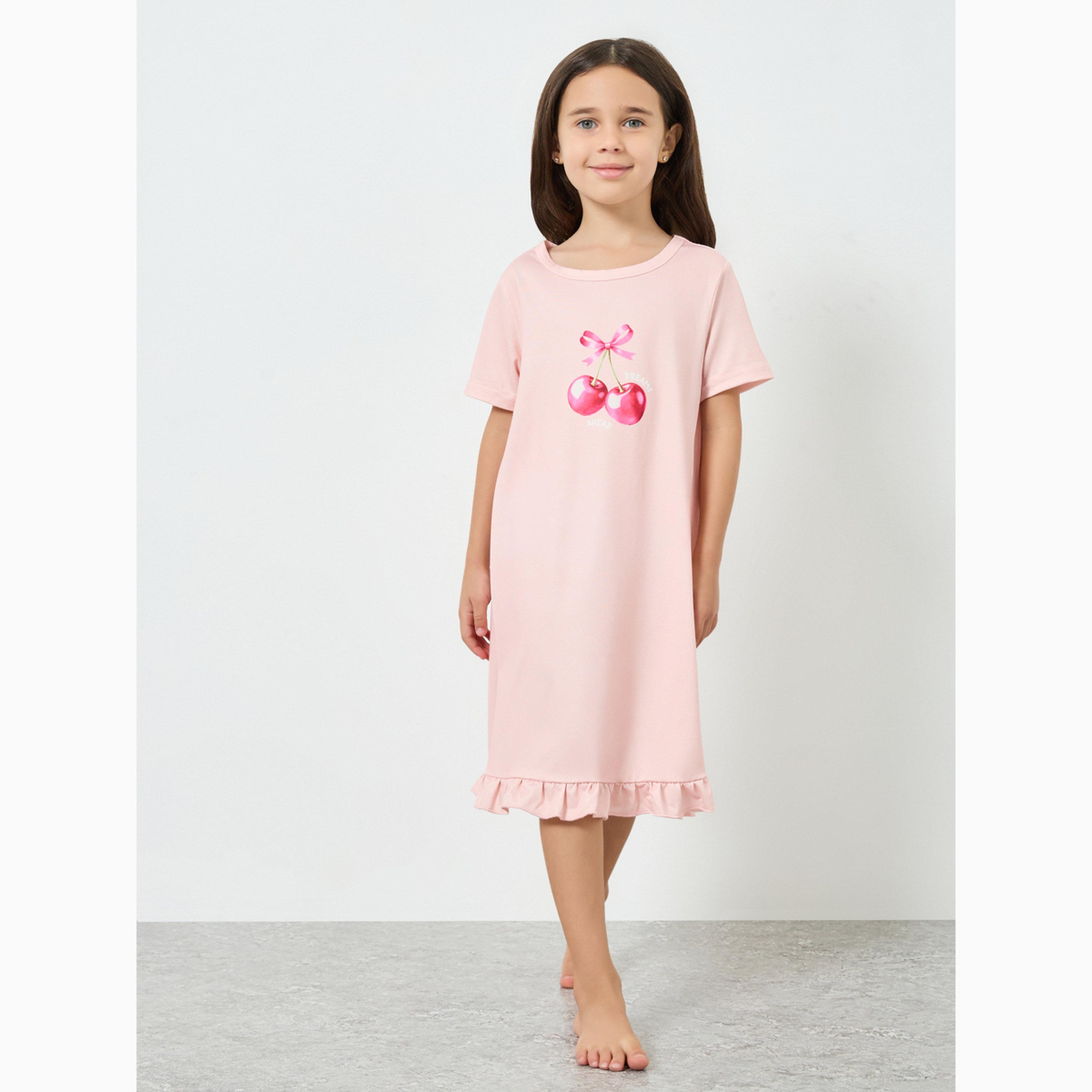 Styli Girls Pack of 2 - Printed Short Sleeve Nightdress-girls-clothing-nightwear-image-2