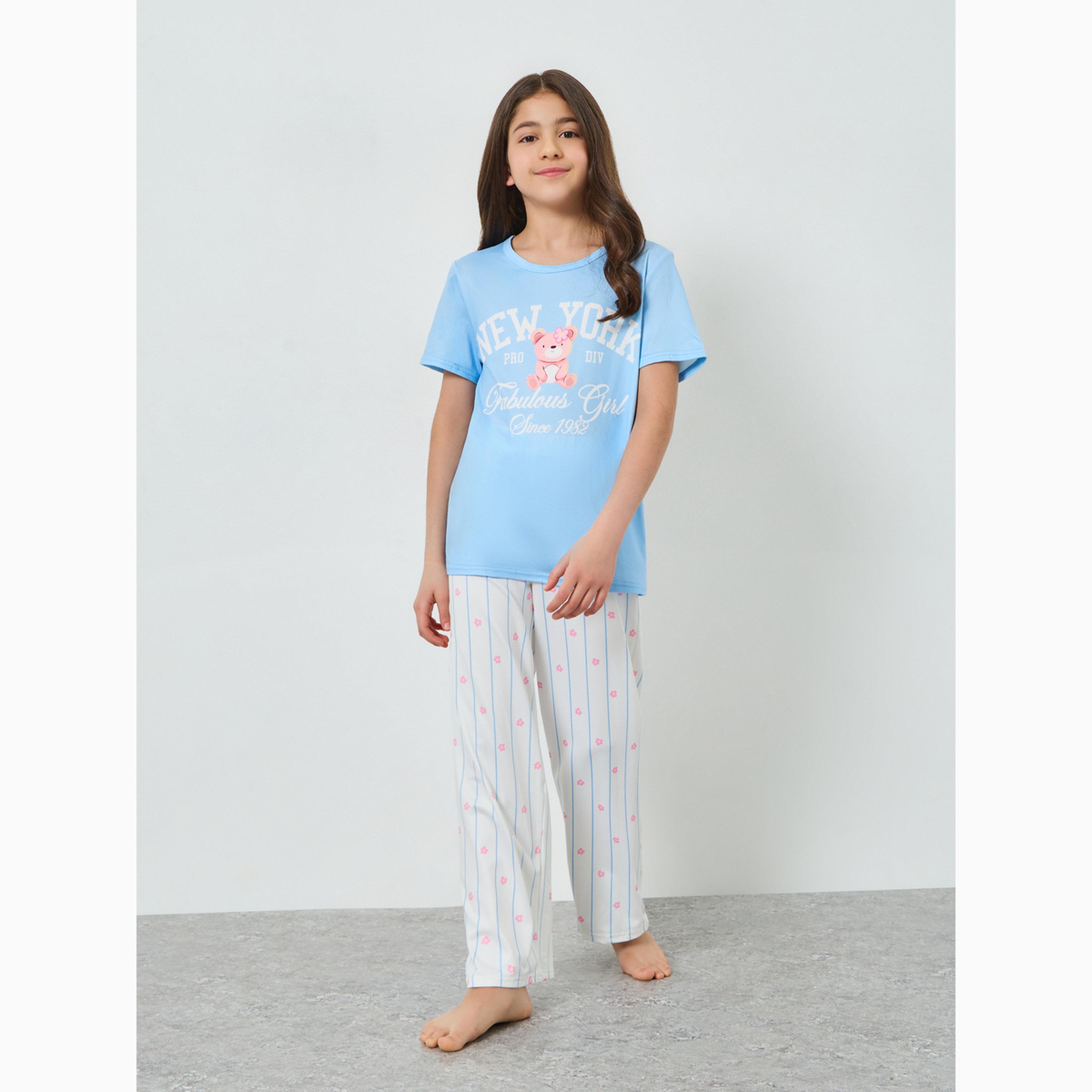 طقم بيجاما من بنطال وتيشيرت بطبعة جرافيك للفتيات-girls-clothing-nightwear-image-1
