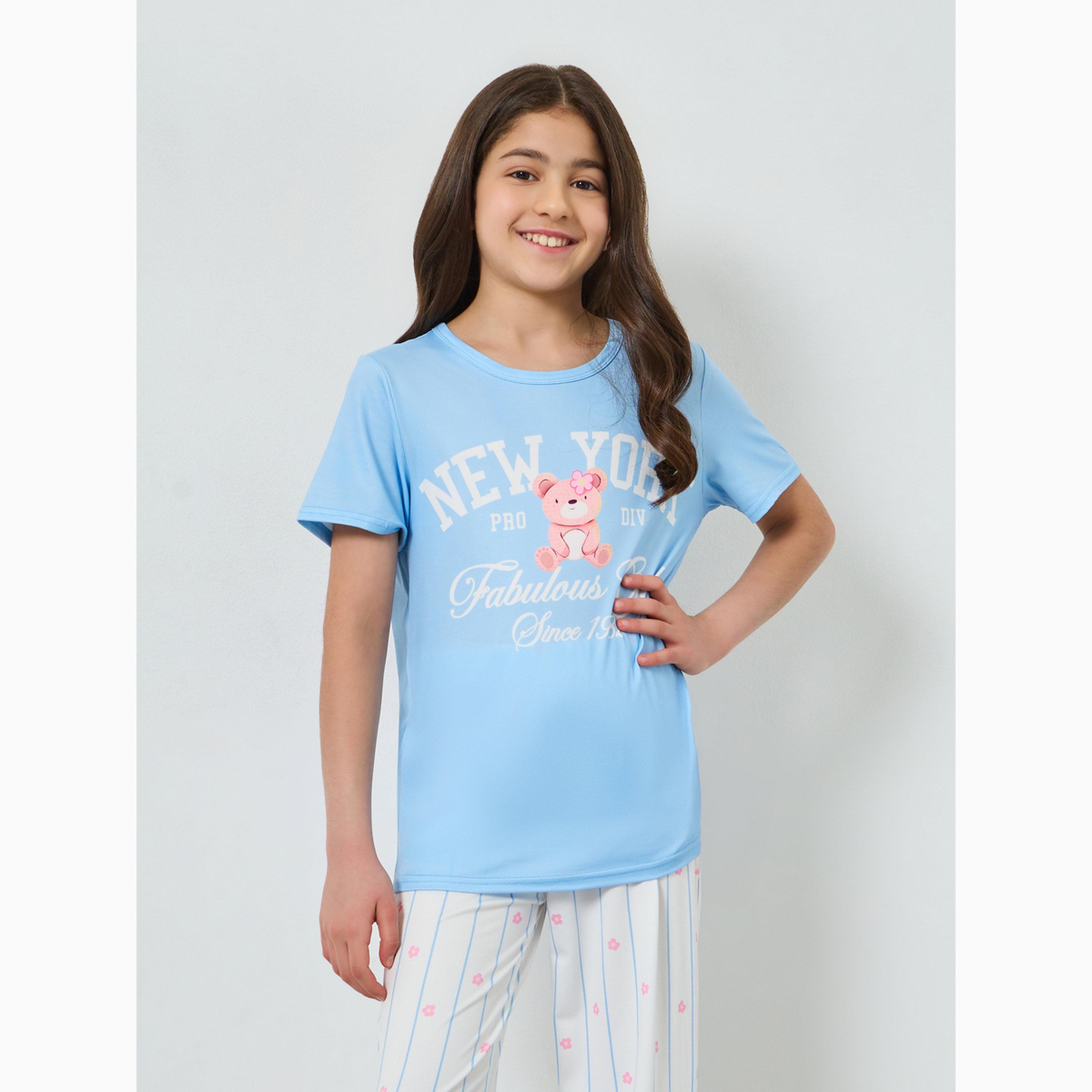 طقم بيجاما من بنطال وتيشيرت بطبعة جرافيك للفتيات-girls-clothing-nightwear-image-2