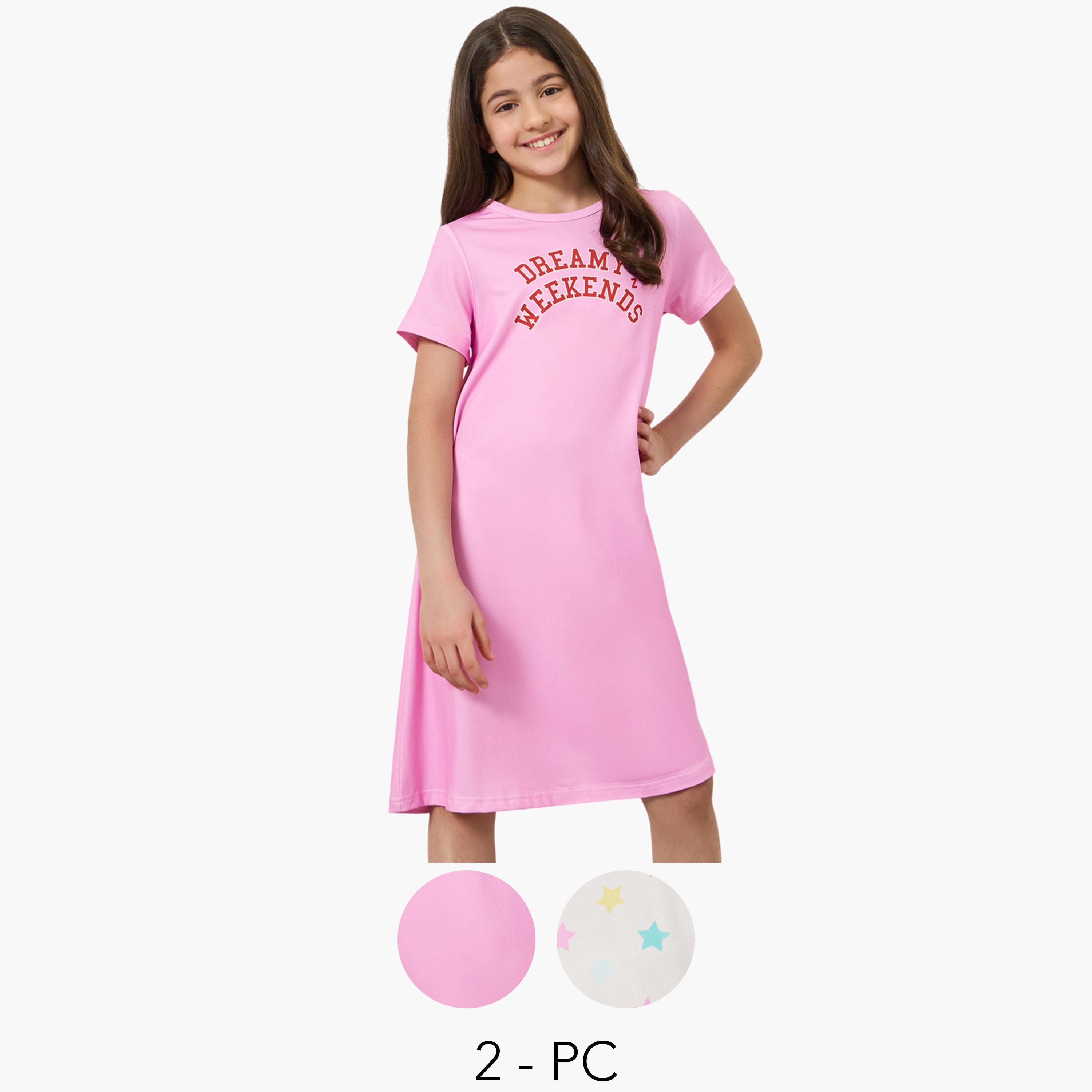 طقم من 2 قميص نوم بطبعات للبنات-girls-clothing-nightwear-image-1