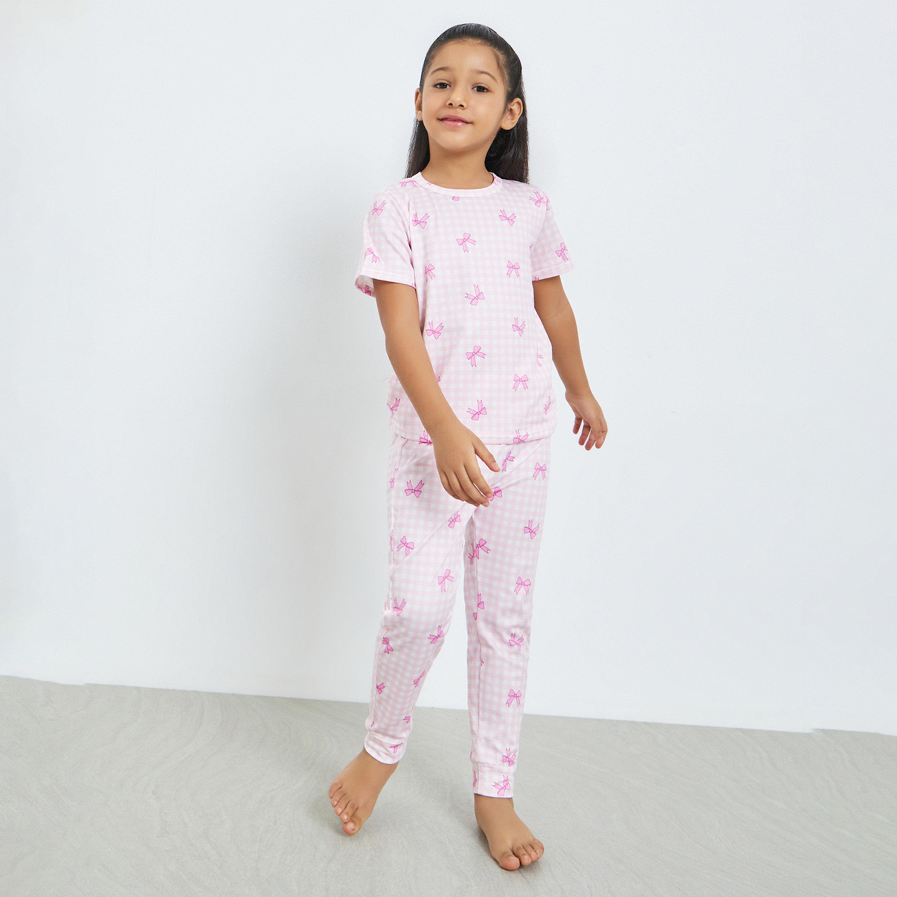 Styli Girls All-Over Bow Print Top and Pyjama Set-girls-clothing-nightwear-image-1