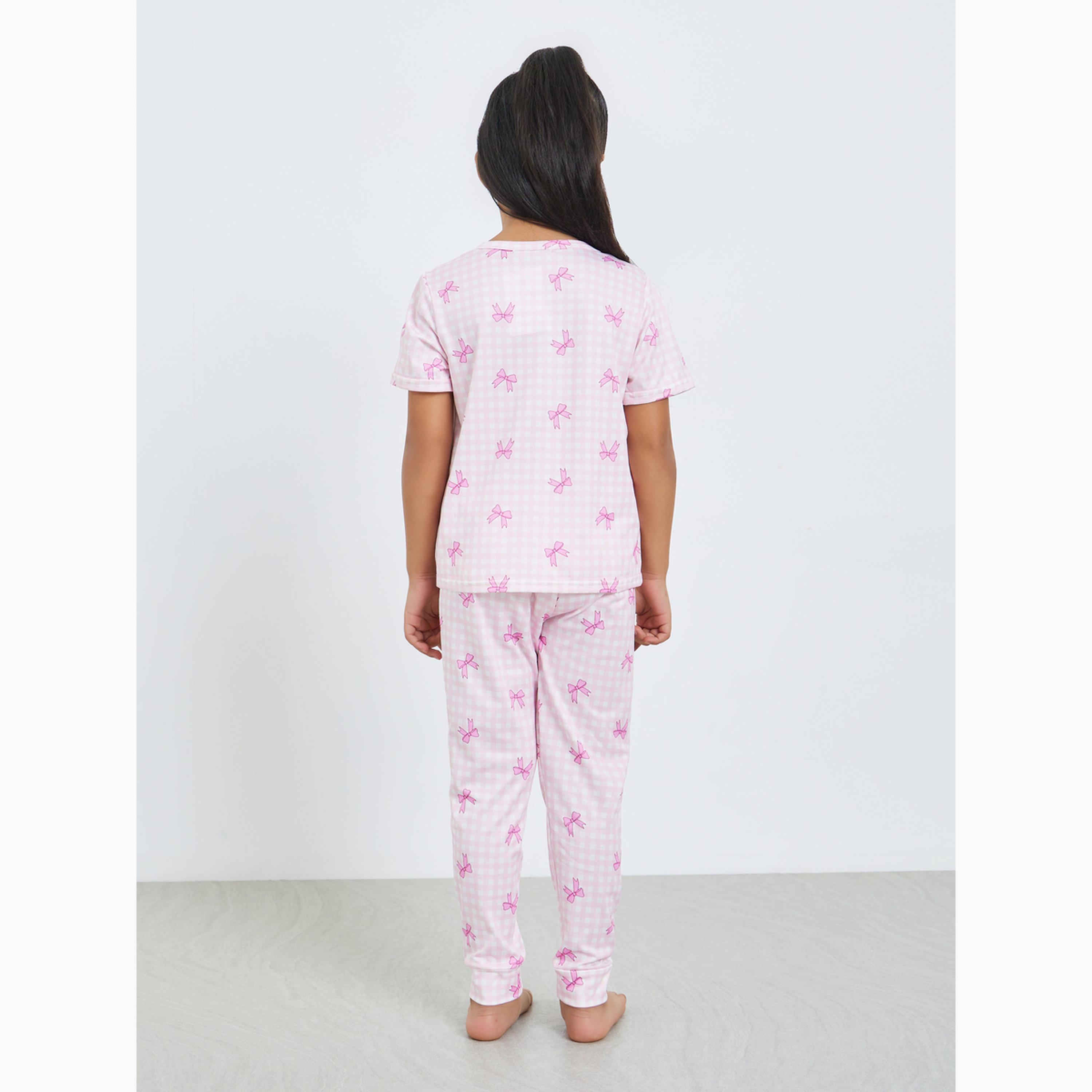 طقم بيجاما من بنطال وبلوزة مطبعة بالكامل بنمط فيونكة للفتيات-girls-clothing-nightwear-image-5