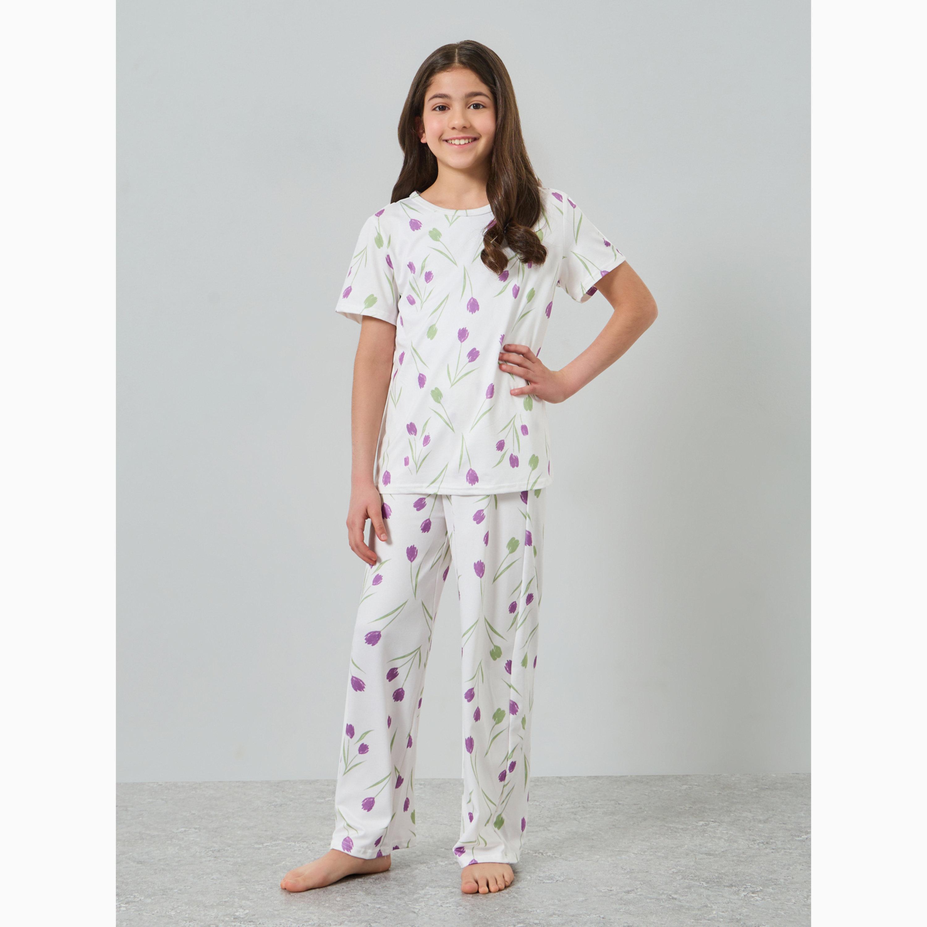 طقم بيجاما من بنطال وبلوزة بأكمام قصيرة وطبعة توليب للفتيات-girls-clothing-nightwear-image-1