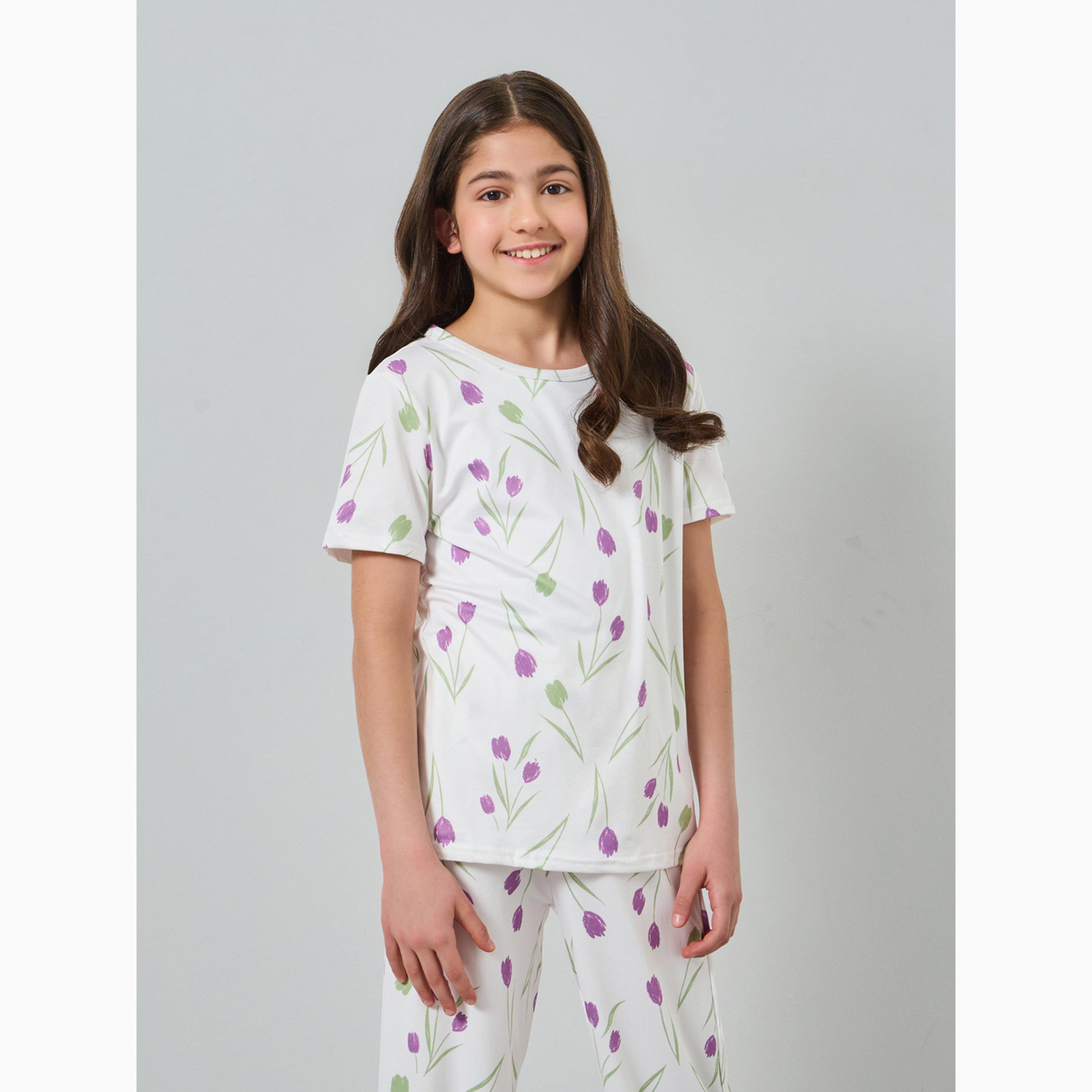 Styli Girls Tulip Print Short Sleeve Top and Pyjama Set-girls-clothing-nightwear-image-2
