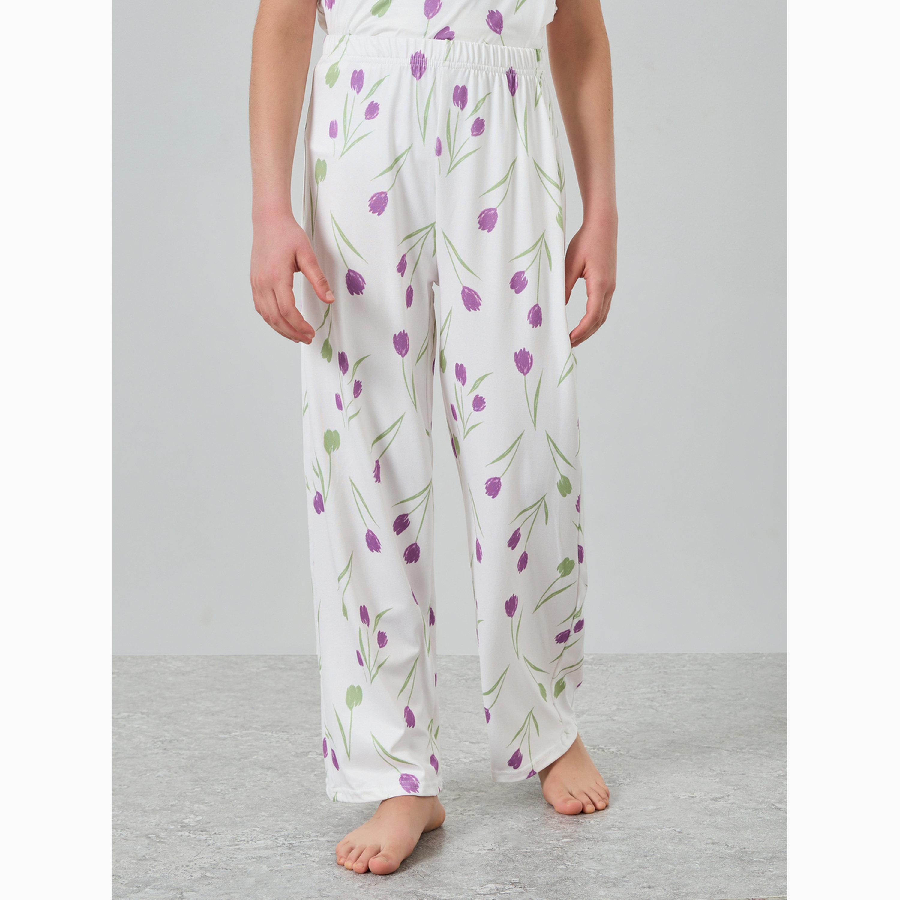 Styli Girls Tulip Print Short Sleeve Top and Pyjama Set-girls-clothing-nightwear-image-4