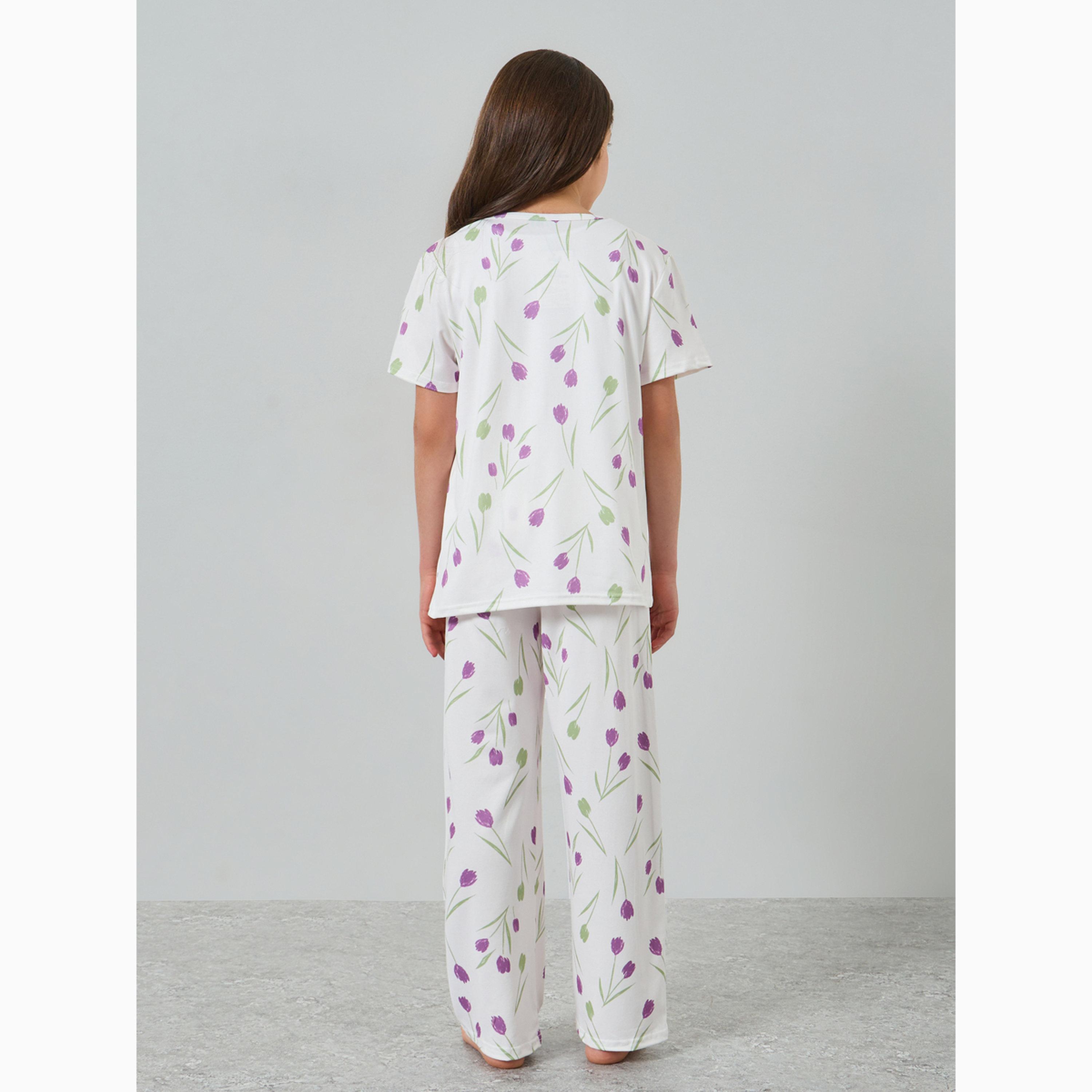 Styli Girls Tulip Print Short Sleeve Top and Pyjama Set-girls-clothing-nightwear-image-5