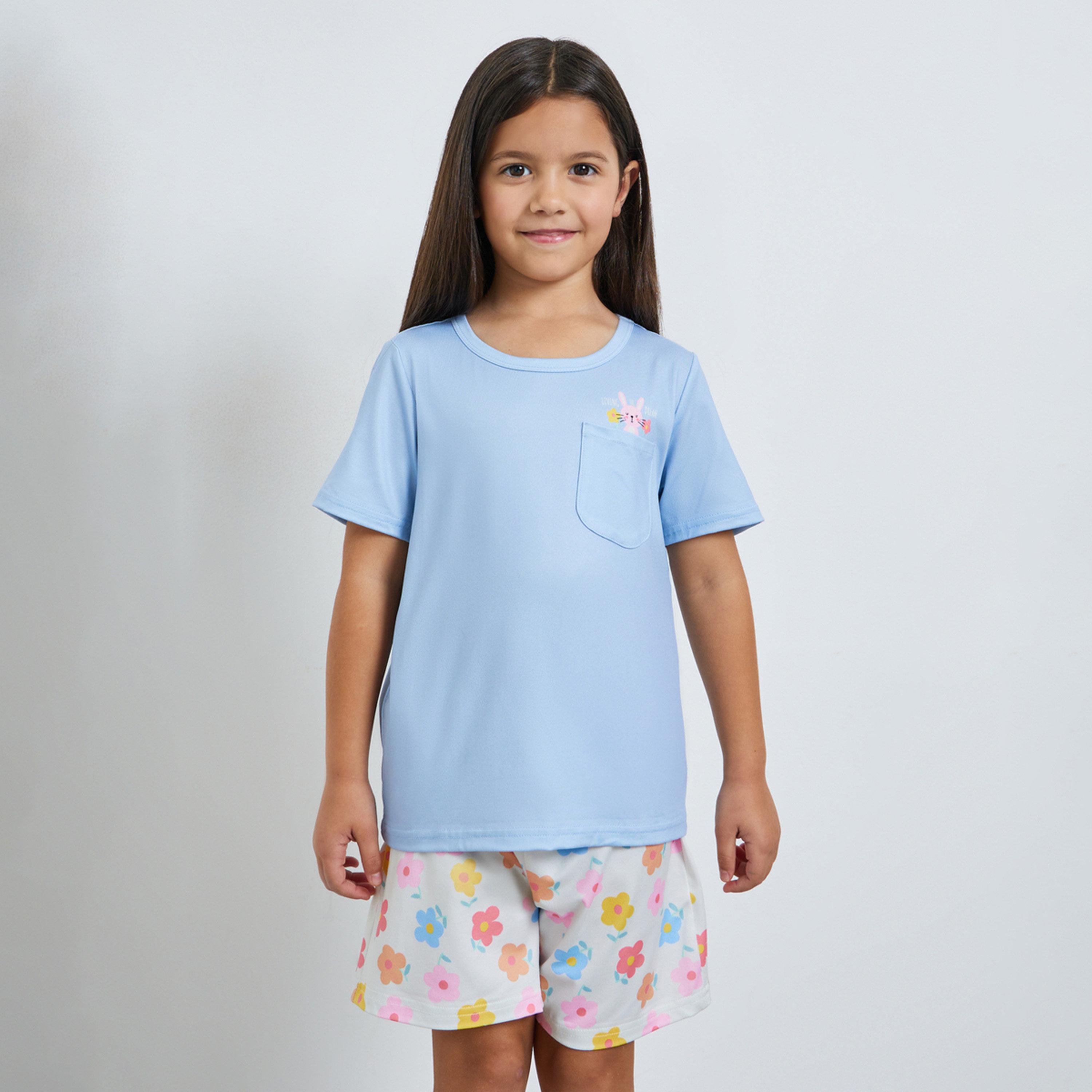 Styli Girls Blue Floral Print T-Shirt and Shorts Set-girls-clothing-nightwear-image-1