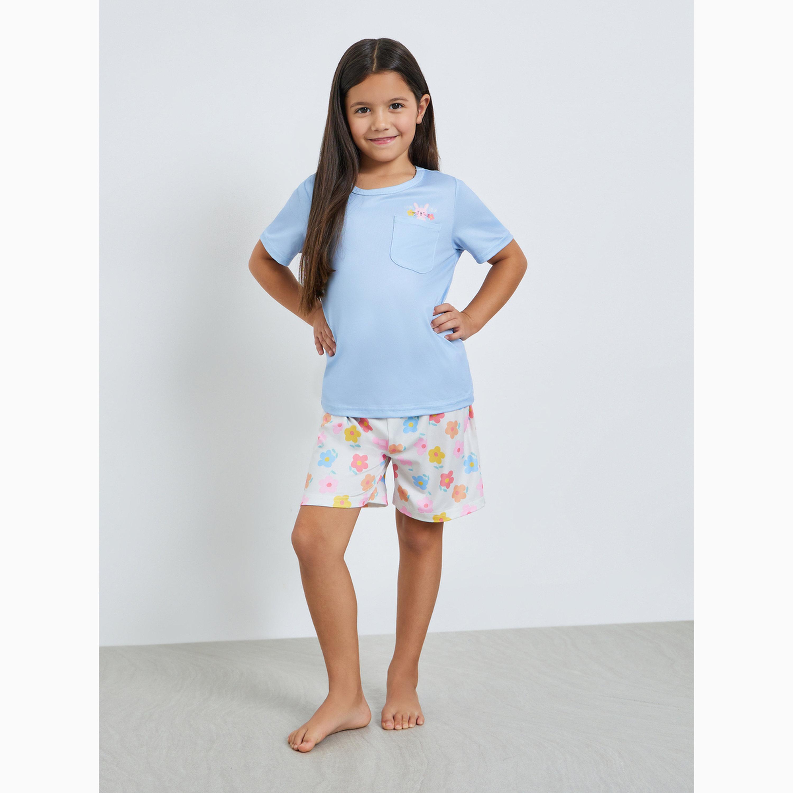 Styli Girls Blue Floral Print T-Shirt and Shorts Set-girls-clothing-nightwear-image-2