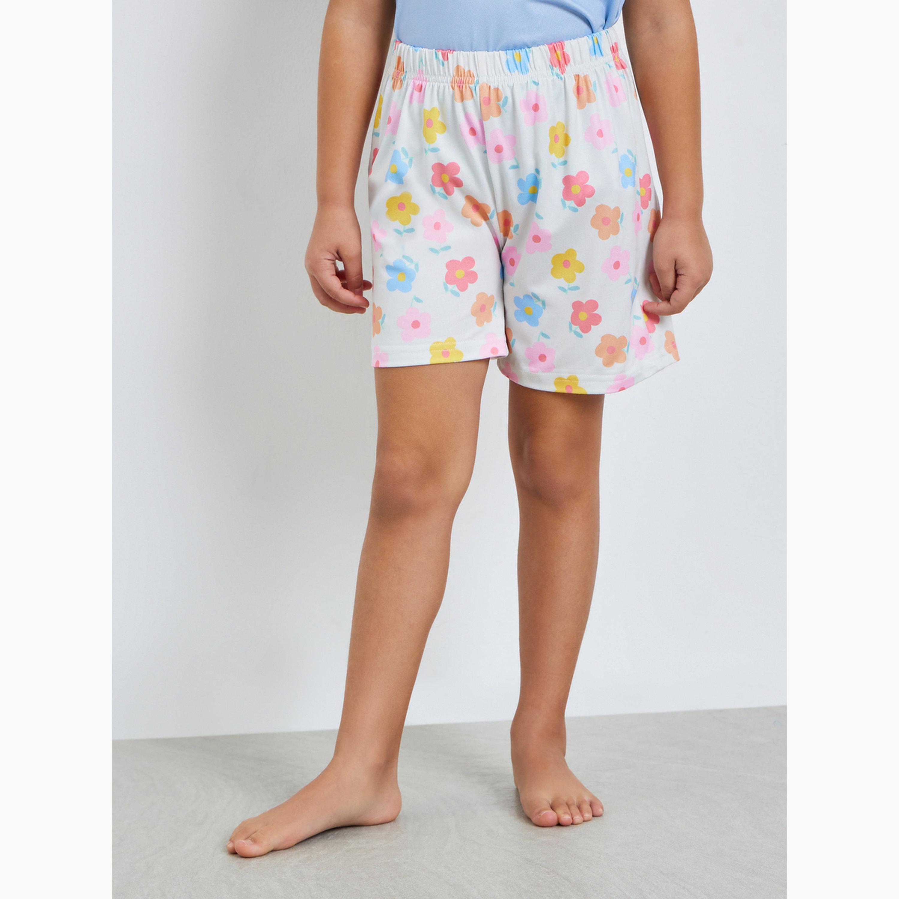 Styli Girls Blue Floral Print T-Shirt and Shorts Set-girls-clothing-nightwear-image-4