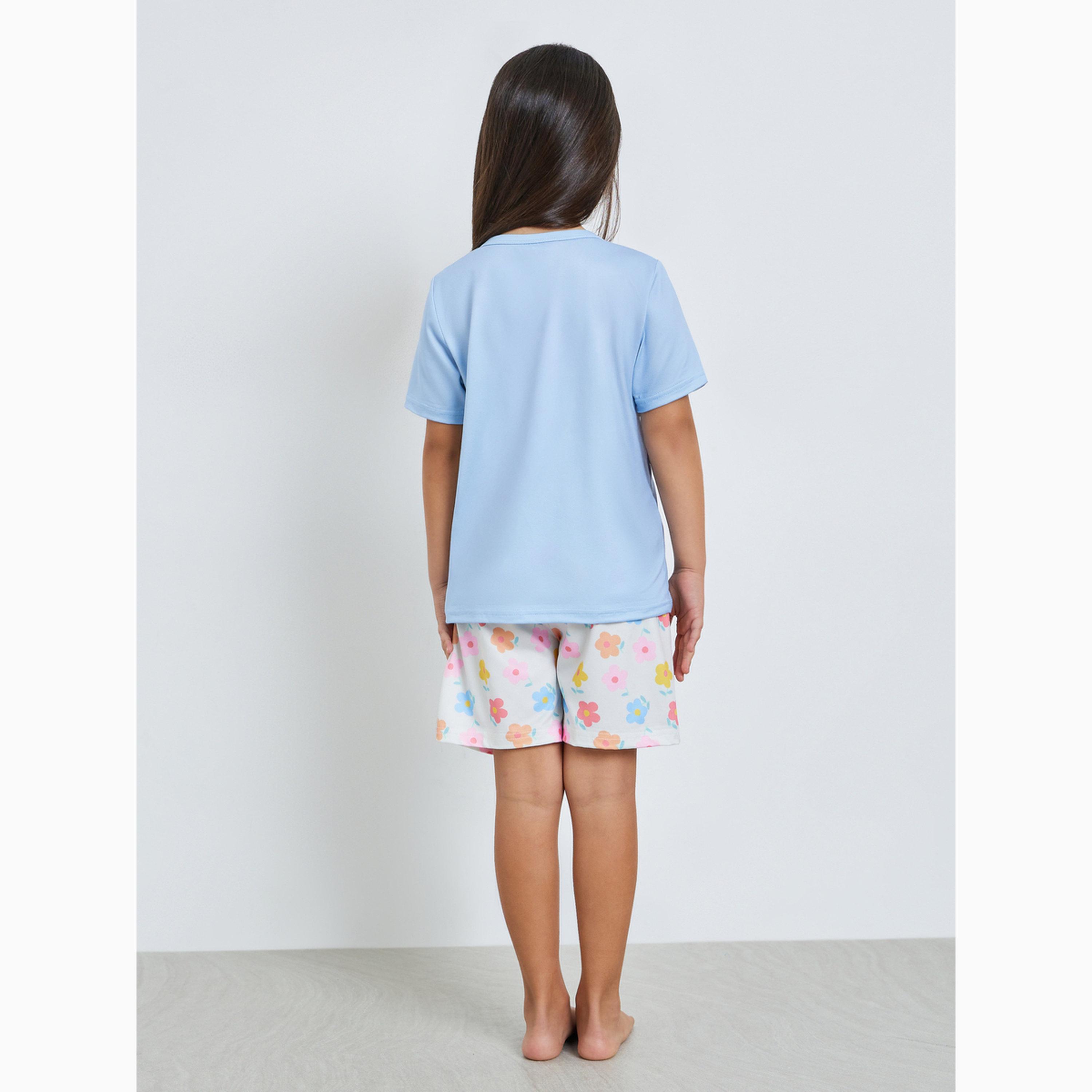 Styli Girls Blue Floral Print T-Shirt and Shorts Set-girls-clothing-nightwear-image-5