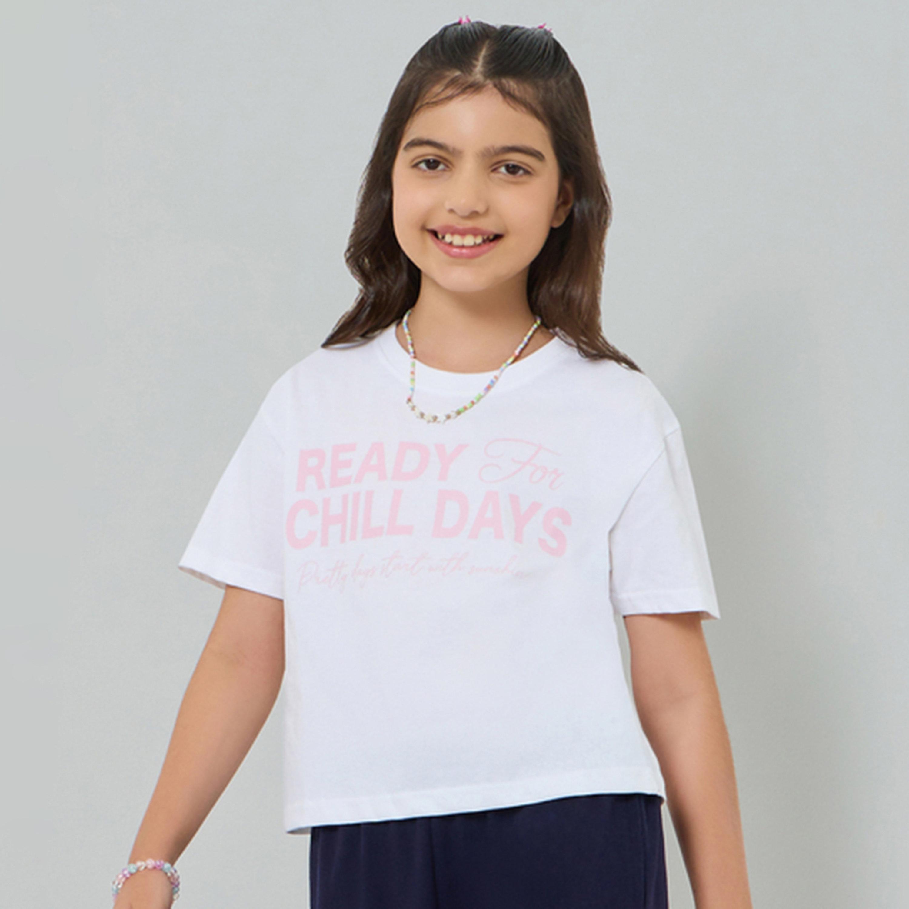 تيشيرت قصير بأكتاف منسدلة وطبعة شعار للفتيات-girls-clothing-tshirts-image-1