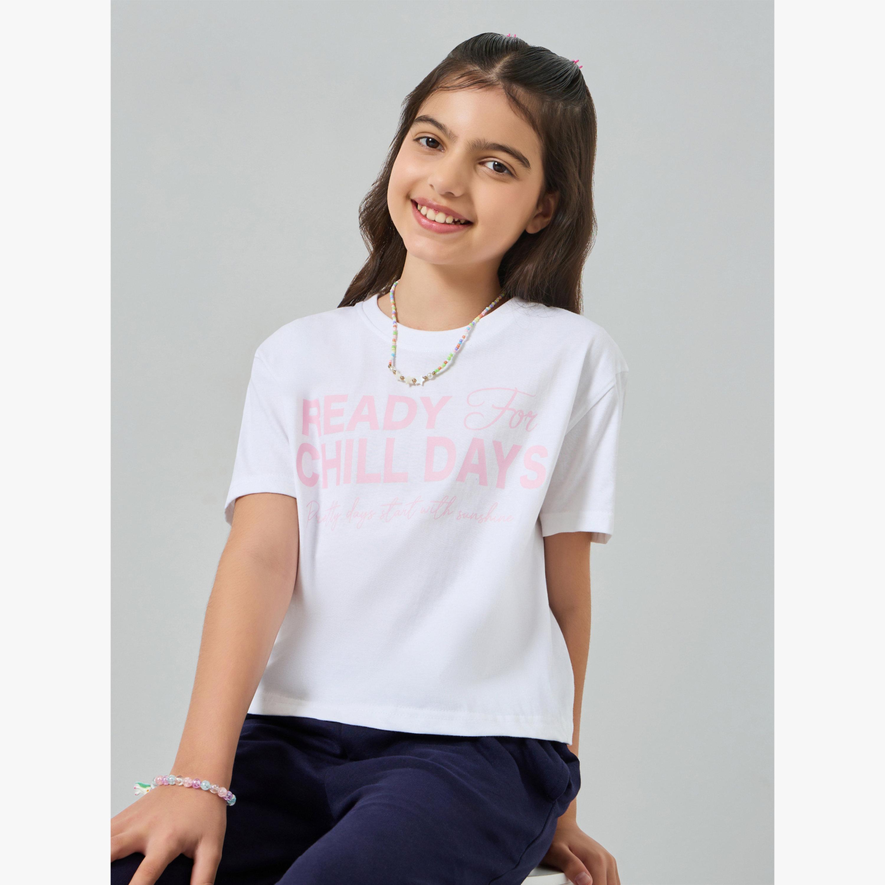 تيشيرت قصير بأكتاف منسدلة وطبعة شعار للفتيات-girls-clothing-tshirts-image-3