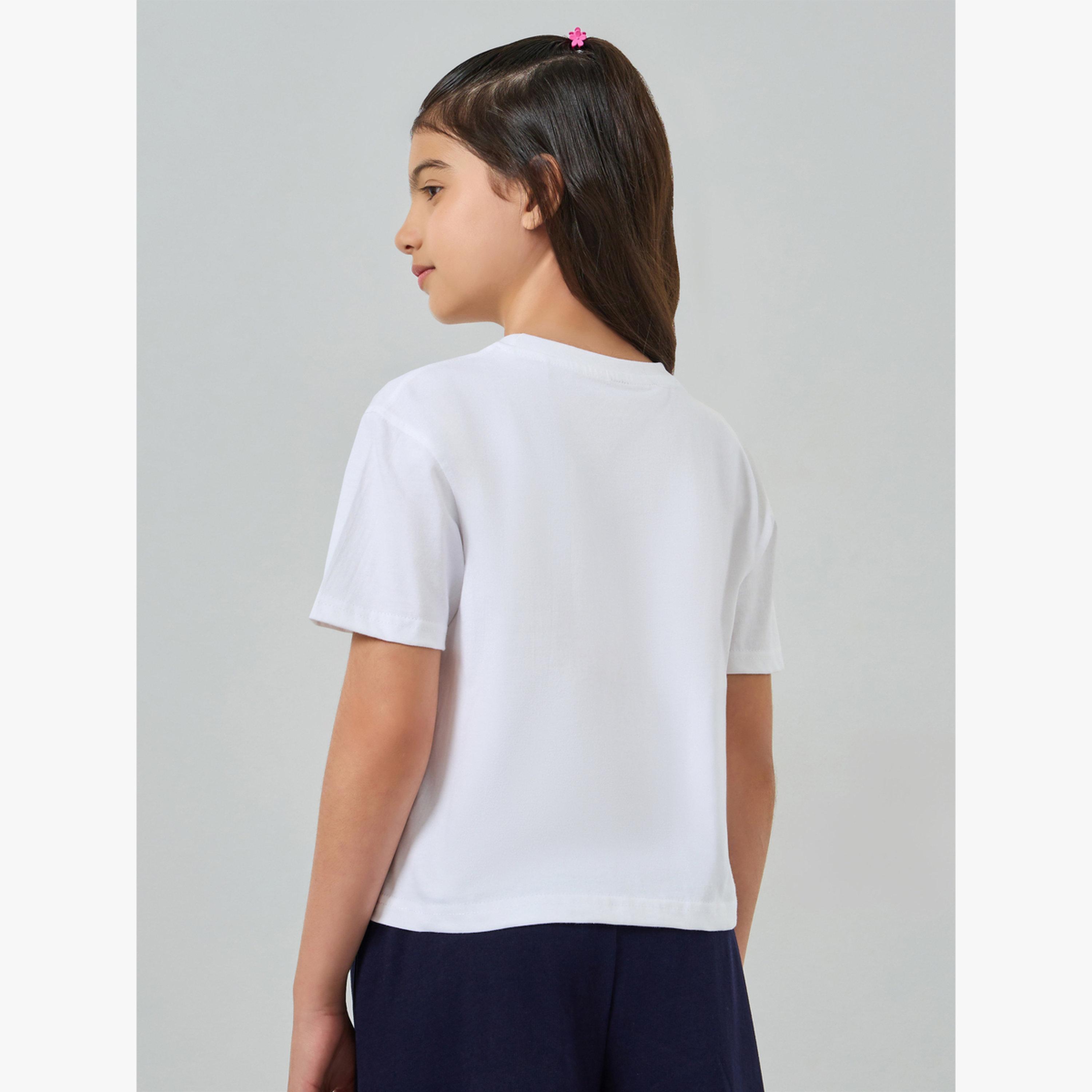 تيشيرت قصير بأكتاف منسدلة وطبعة شعار للفتيات-girls-clothing-tshirts-image-4