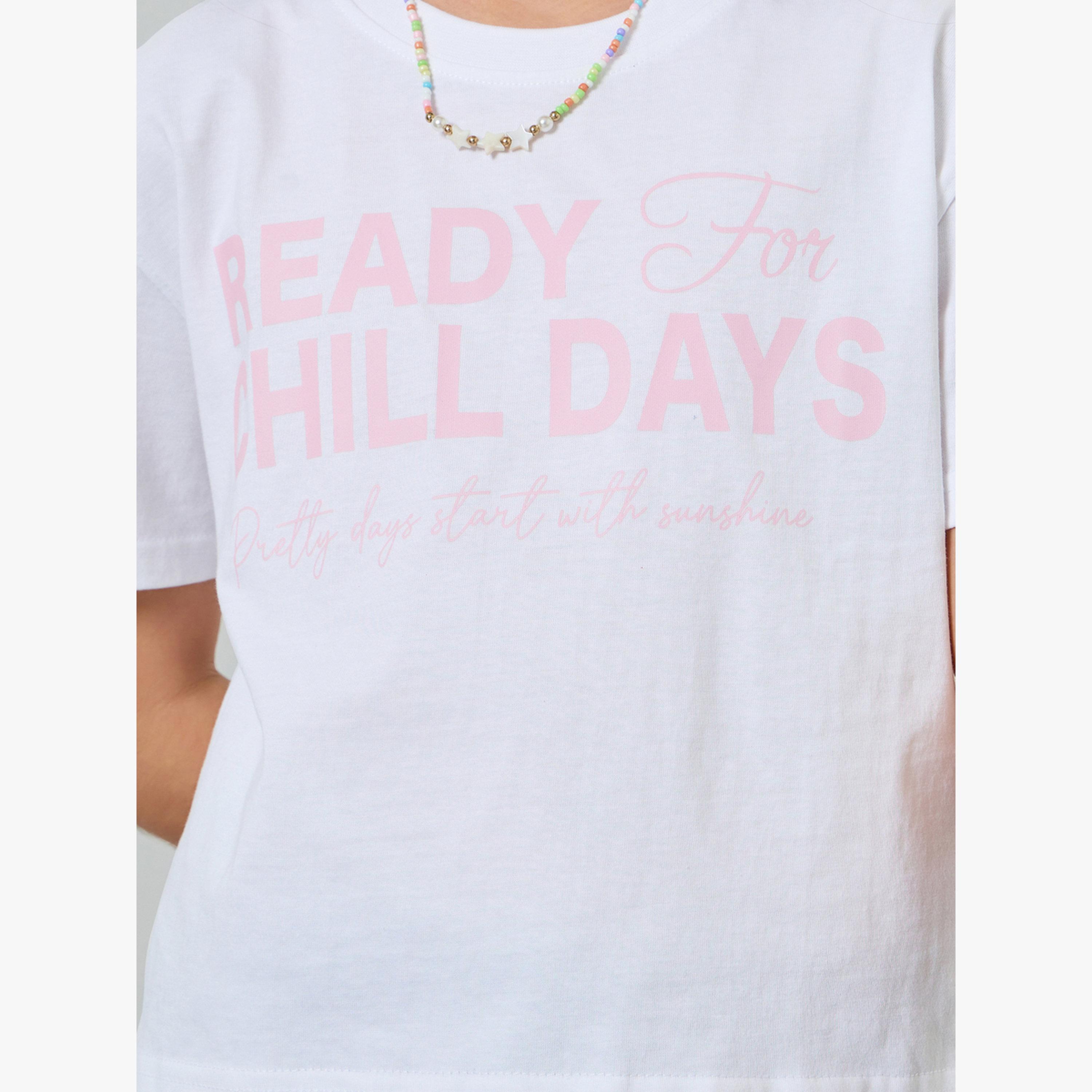 تيشيرت قصير بأكتاف منسدلة وطبعة شعار للفتيات-girls-clothing-tshirts-image-5