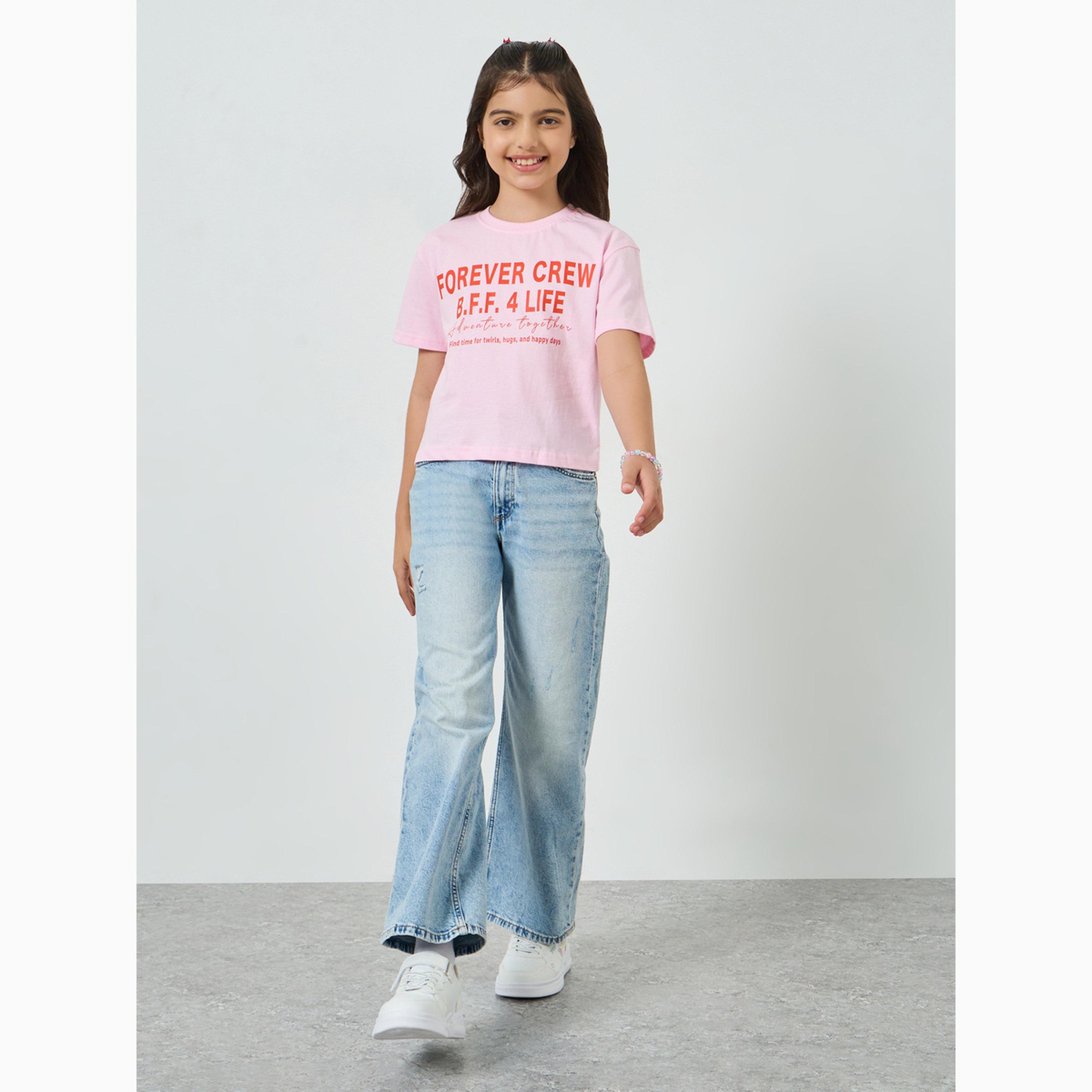 Styli Girls Slogan Print Dropped Shoulder Crop T-Shirt-girls-clothing-tshirts-image-2