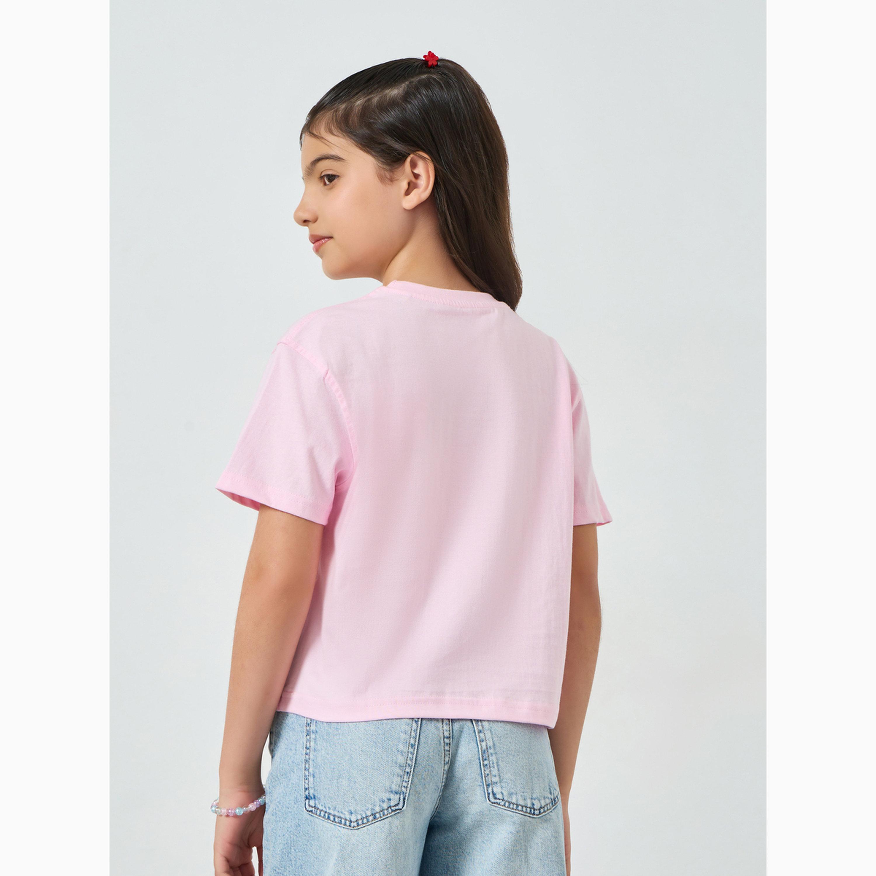 تيشيرت قصير بأكتاف منسدلة وطبعة شعار للفتيات-girls-clothing-tshirts-image-4