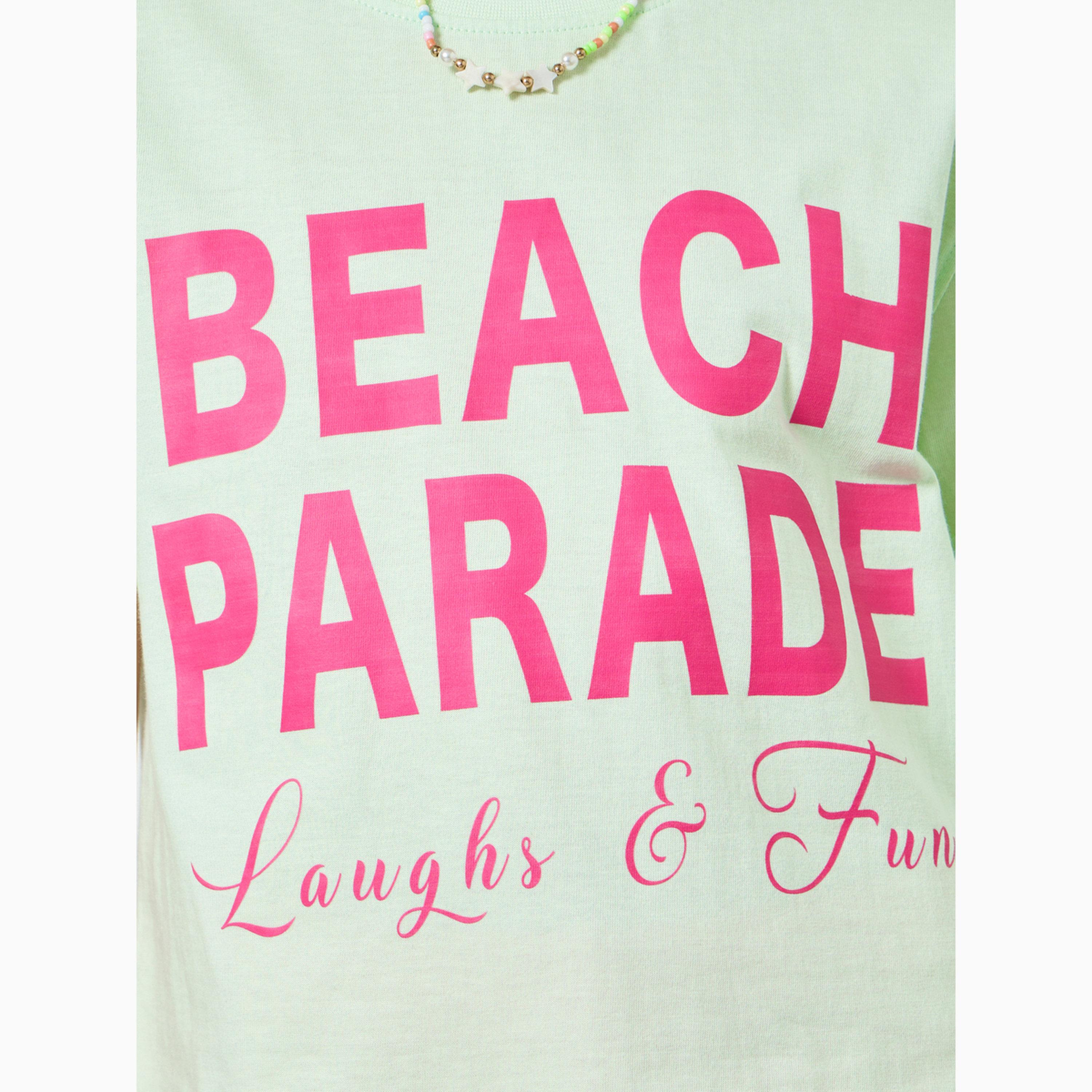 تيشيرت قصير بأكتاف منسدلة وطبعة شعار للفتيات-girls-clothing-tshirts-image-3