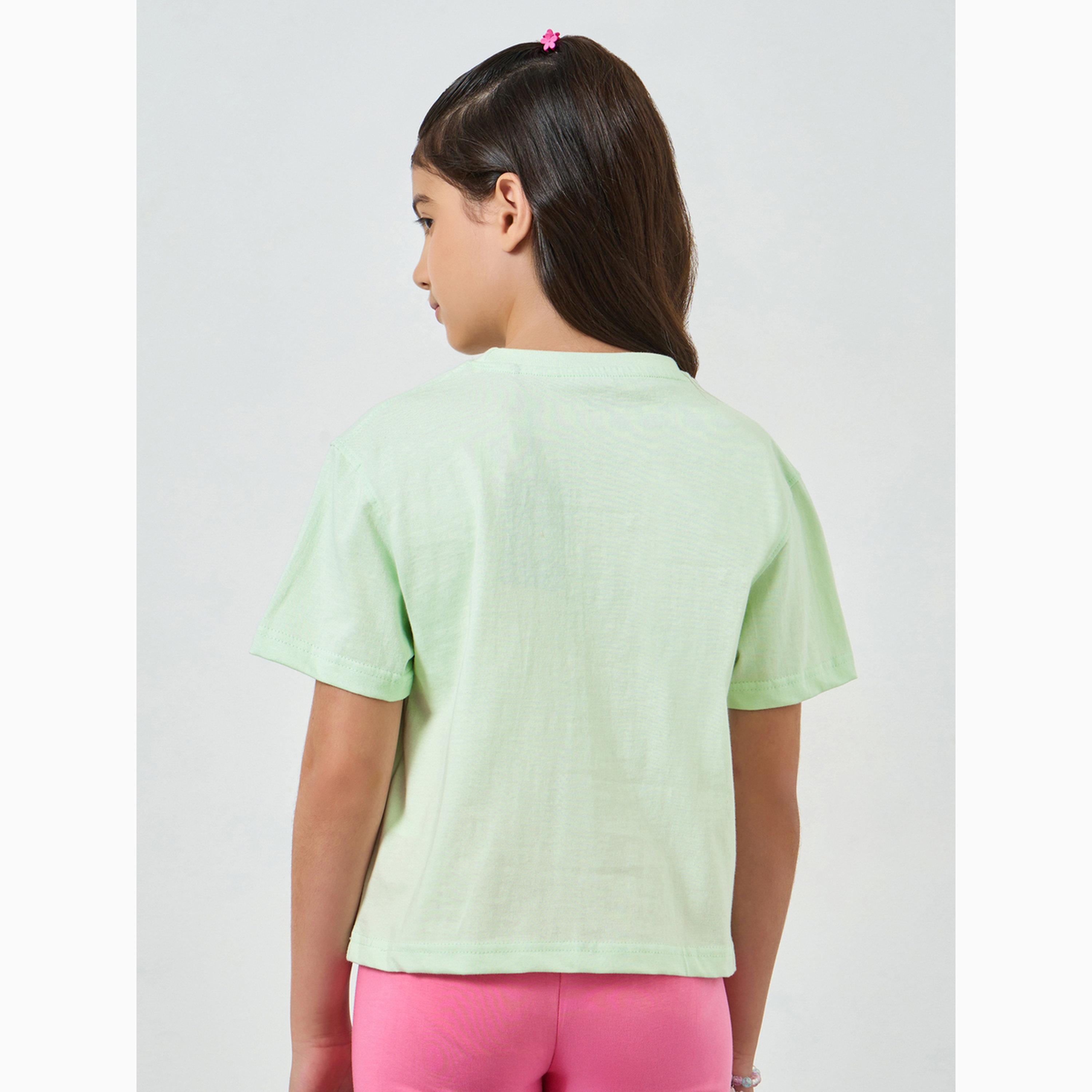 تيشيرت قصير بأكتاف منسدلة وطبعة شعار للفتيات-girls-clothing-tshirts-image-4