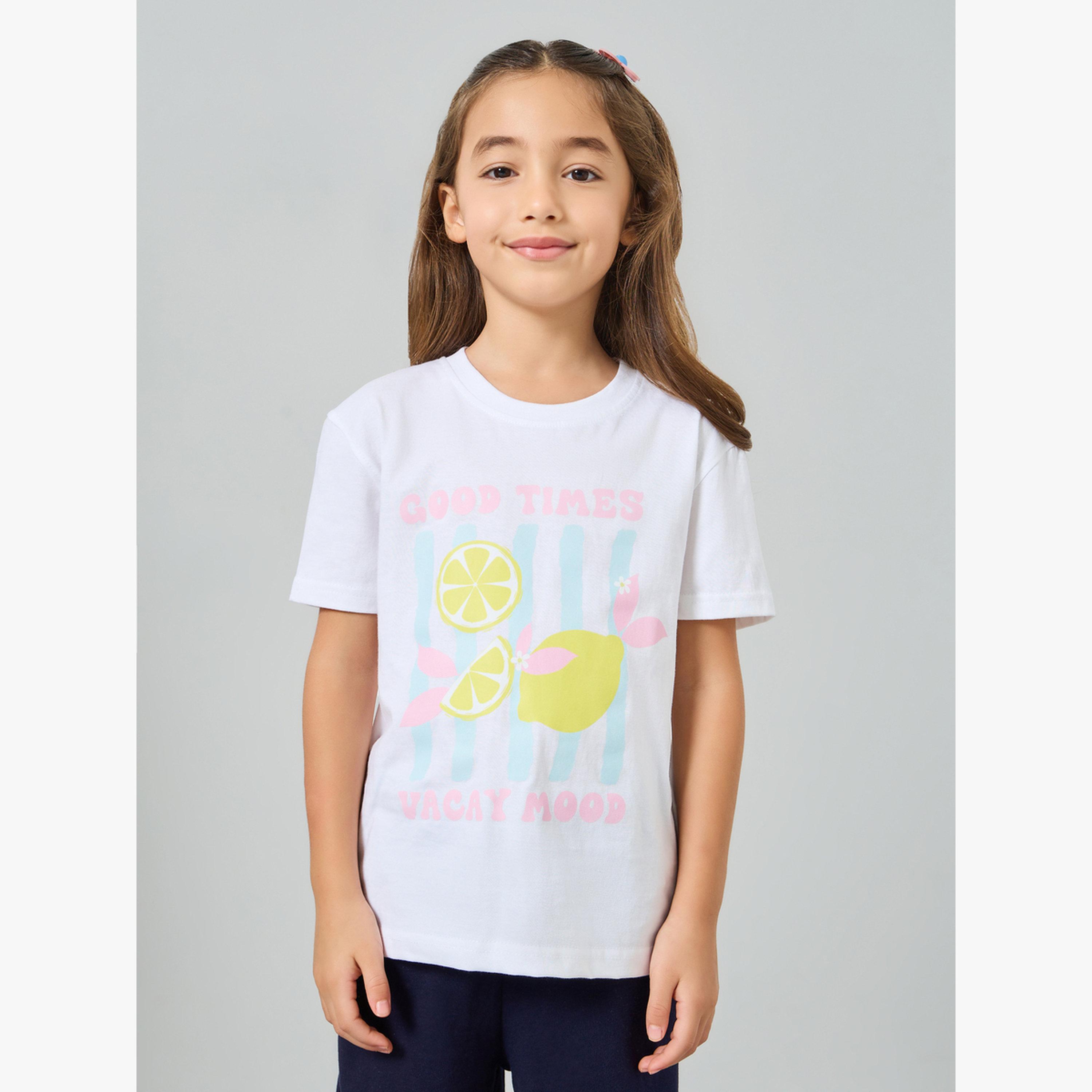 تيشيرت قطن بأكتاف منسدلة وطبعة جرافيك للفتيات-girls-clothing-tshirts-image-1