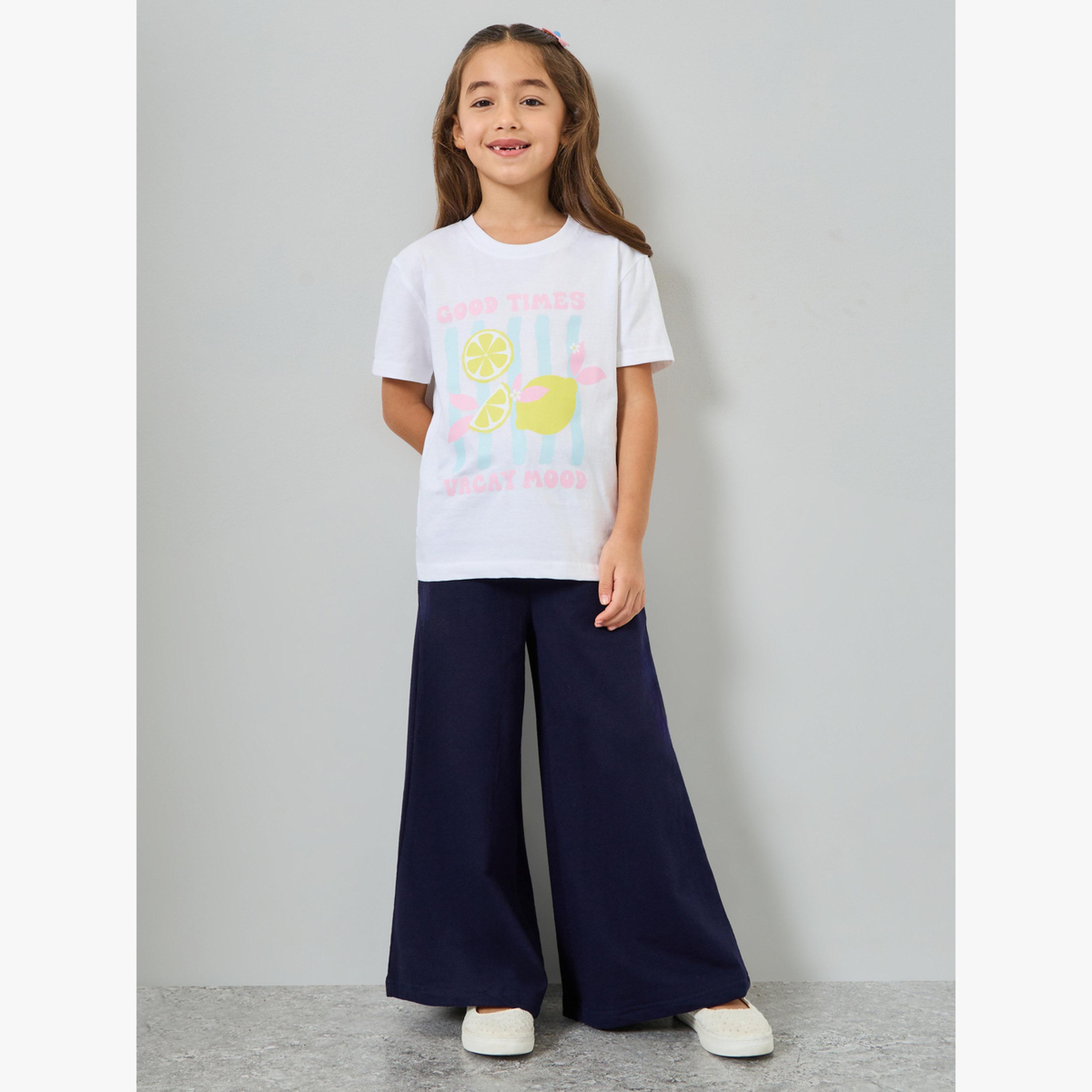 تيشيرت قطن بأكتاف منسدلة وطبعة جرافيك للفتيات-girls-clothing-tshirts-image-2