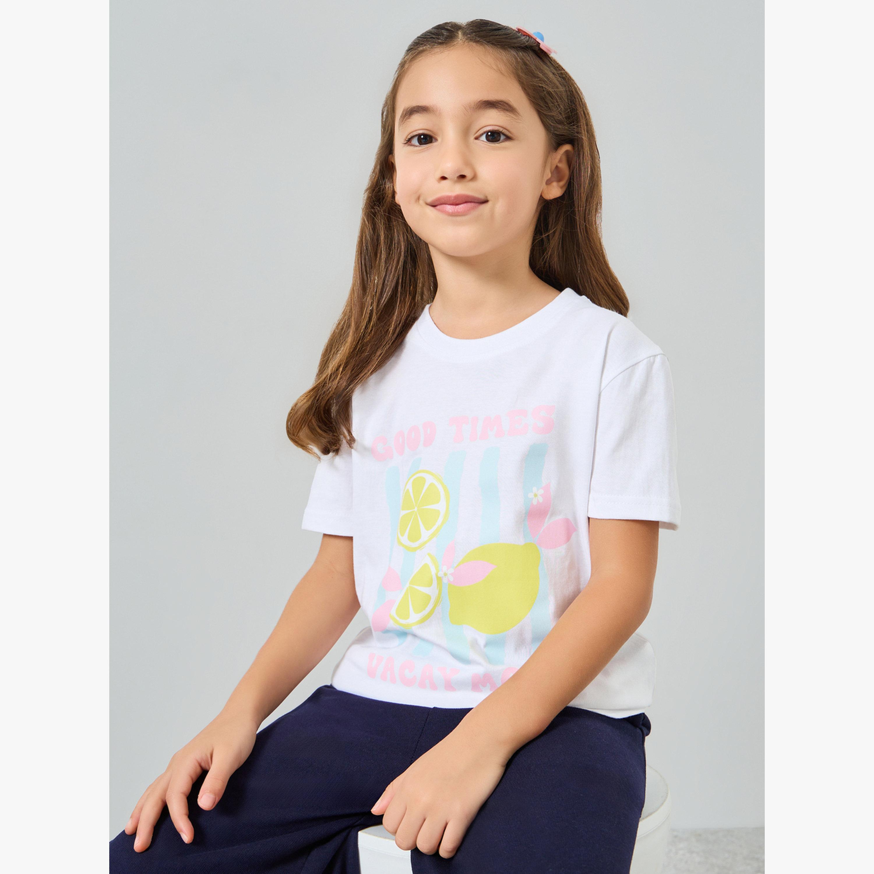 تيشيرت قطن بأكتاف منسدلة وطبعة جرافيك للفتيات-girls-clothing-tshirts-image-3