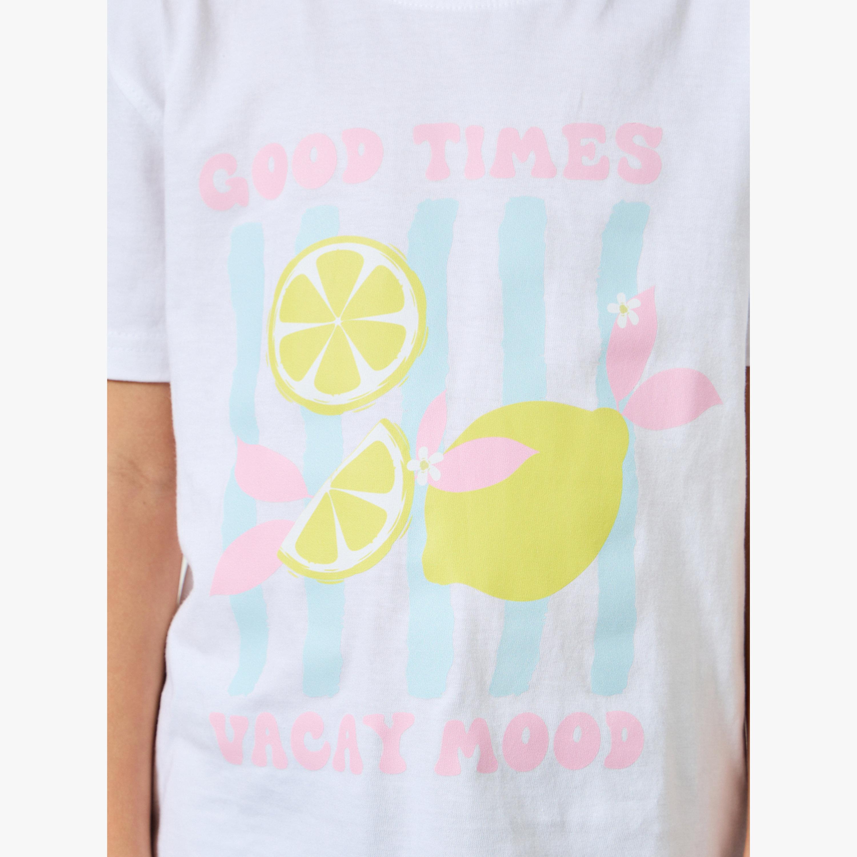 تيشيرت قطن بأكتاف منسدلة وطبعة جرافيك للفتيات-girls-clothing-tshirts-image-5