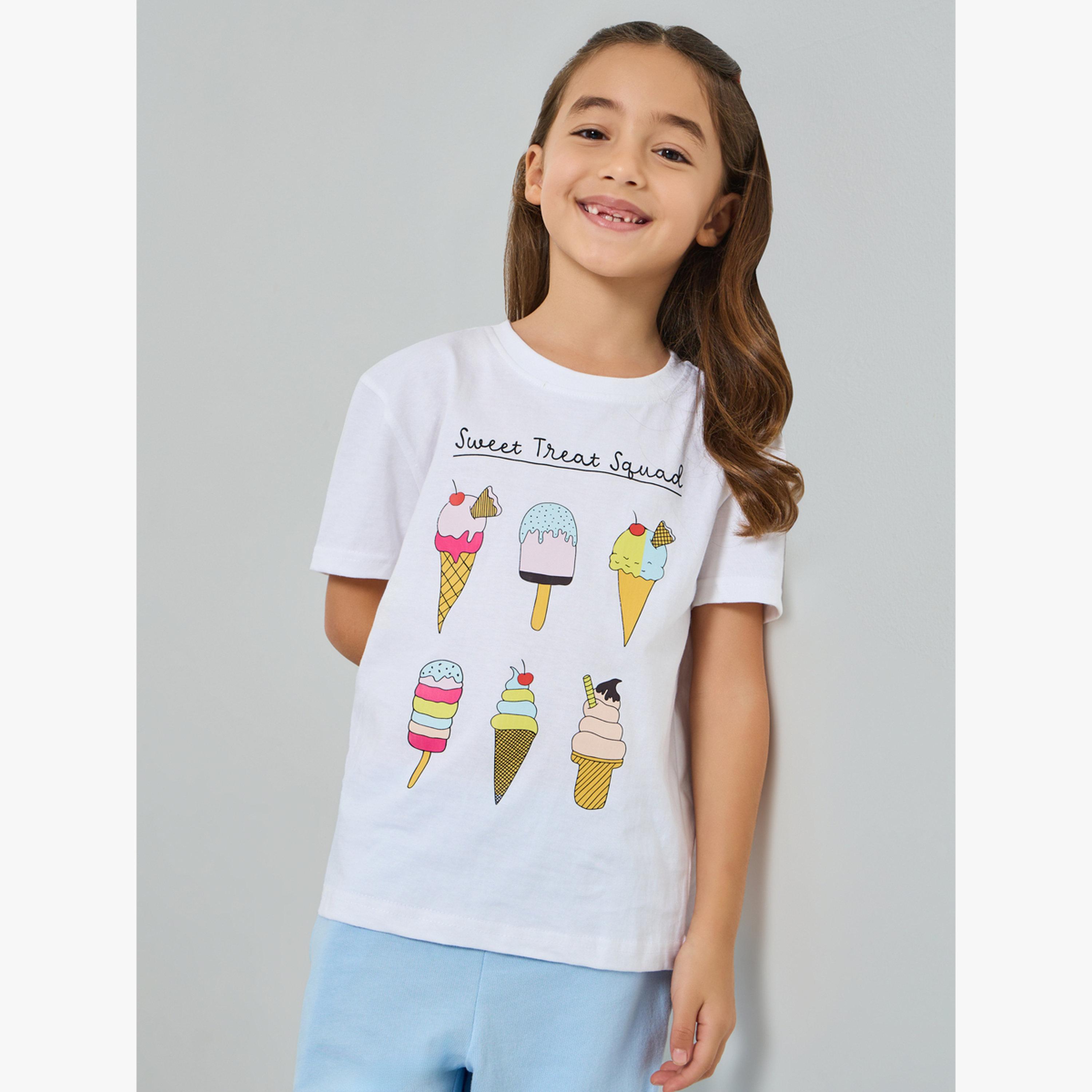 تيشيرت قطن بأكتاف منسدلة وطبعة جرافيك للفتيات-girls-clothing-tshirts-image-1
