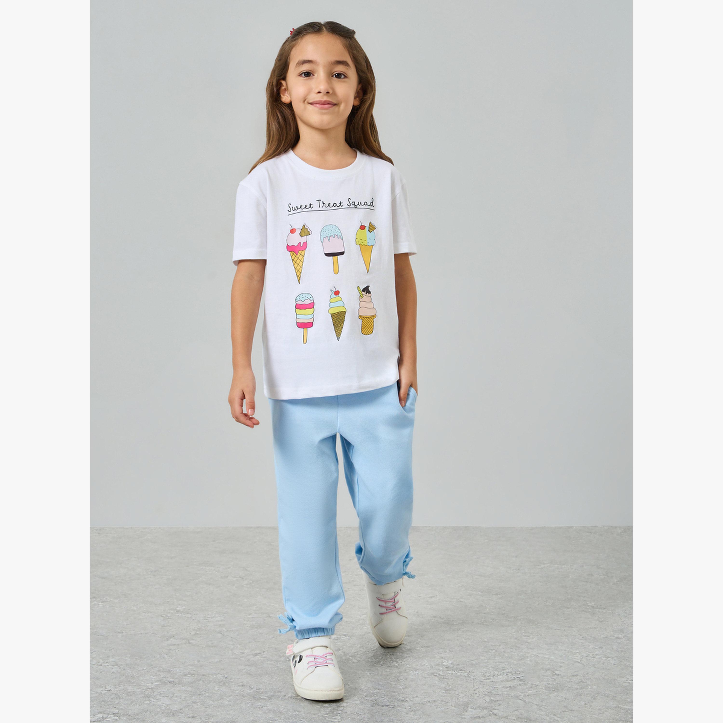 تيشيرت قطن بأكتاف منسدلة وطبعة جرافيك للفتيات-girls-clothing-tshirts-image-2