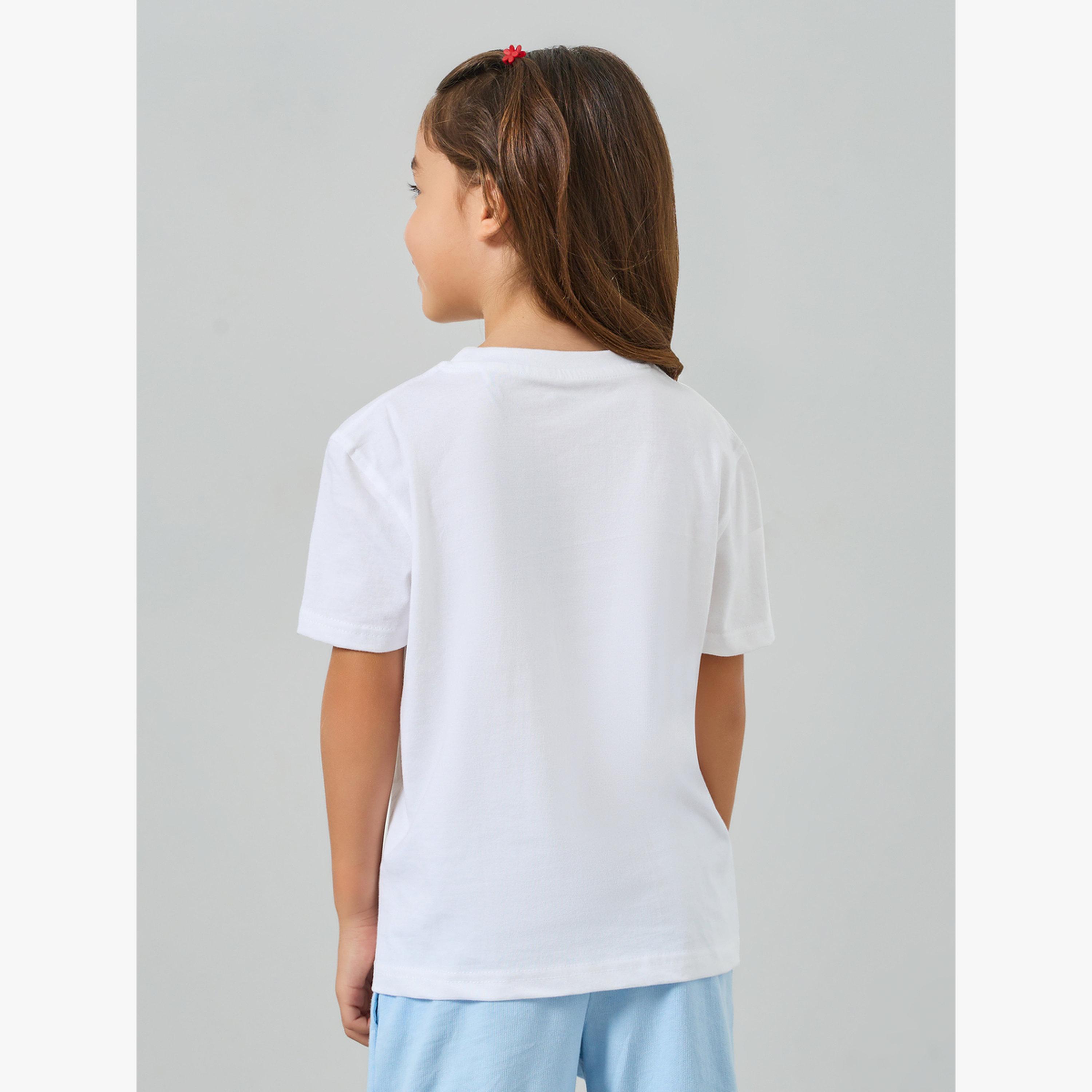 تيشيرت قطن بأكتاف منسدلة وطبعة جرافيك للفتيات-girls-clothing-tshirts-image-3