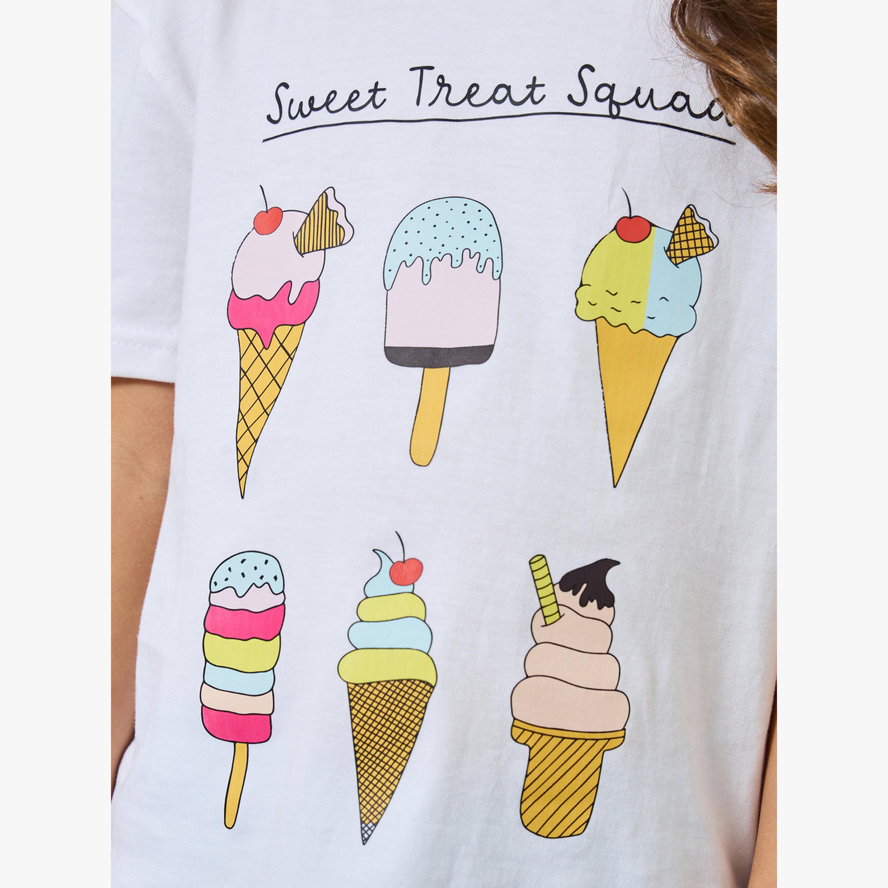 تيشيرت قطن بأكتاف منسدلة وطبعة جرافيك للفتيات-girls-clothing-tshirts-image-4