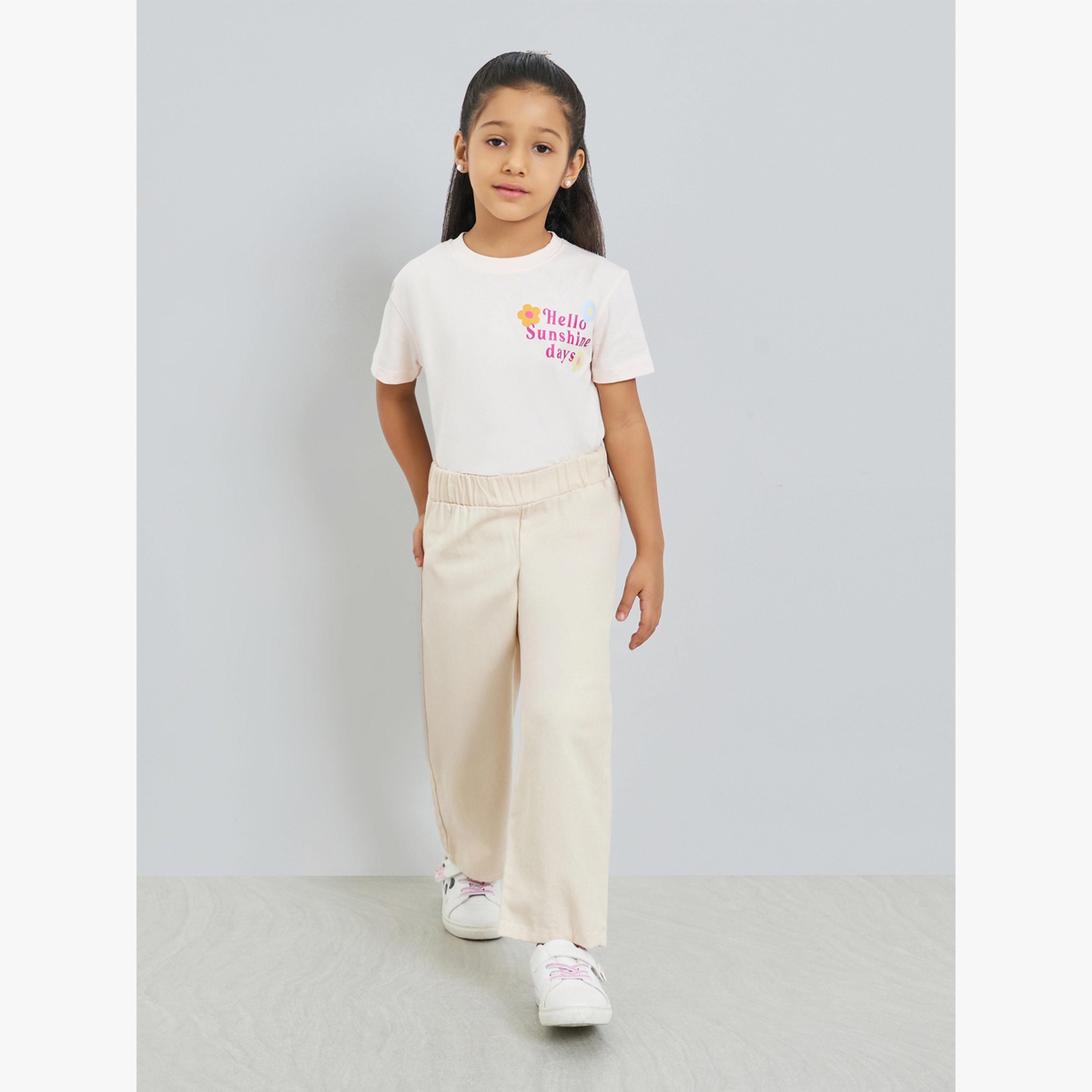 تيشيرت قطن بأكتاف منسدلة وطبعة شعار للفتيات-girls-clothing-tshirts-image-2