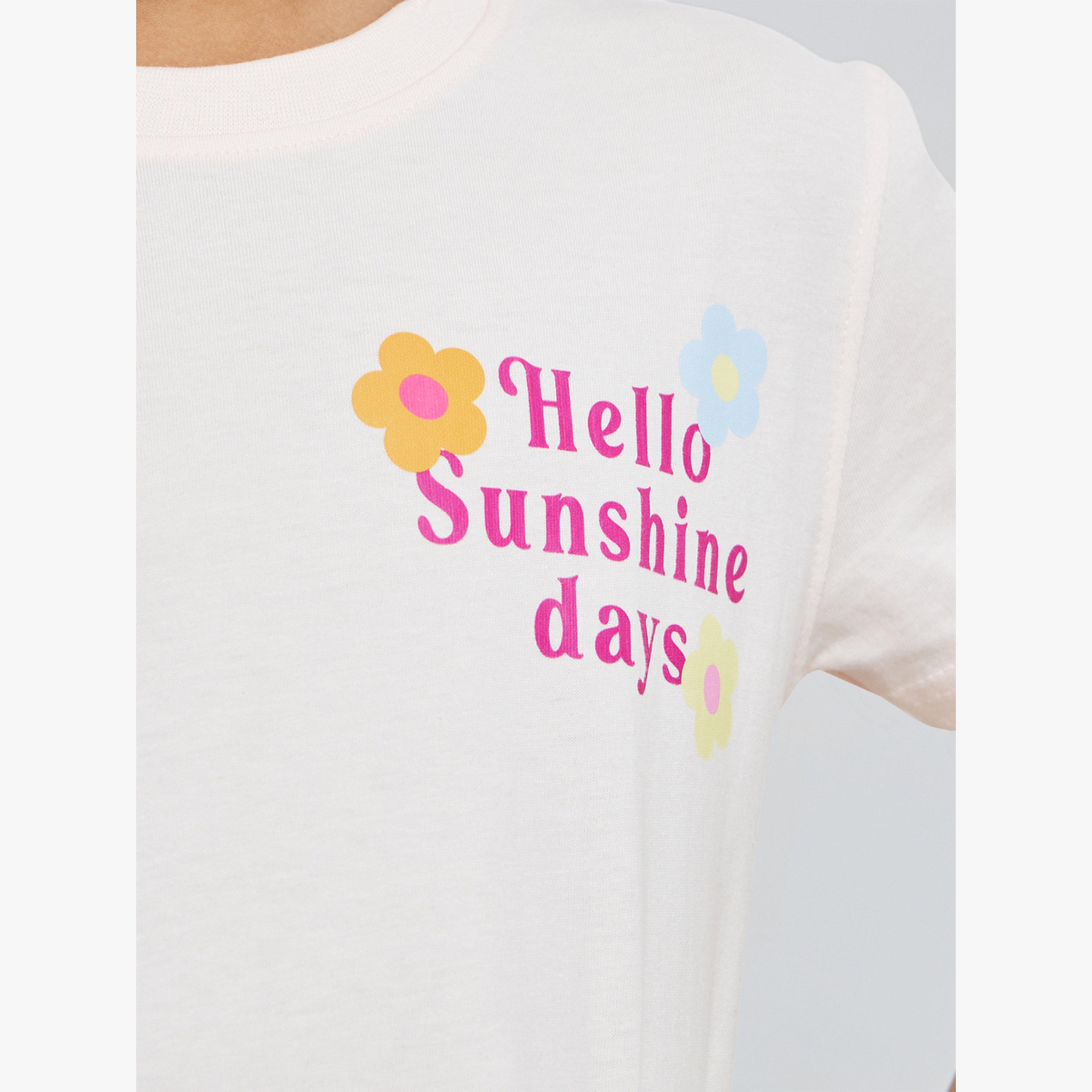 تيشيرت قطن بأكتاف منسدلة وطبعة شعار للفتيات-girls-clothing-tshirts-image-5