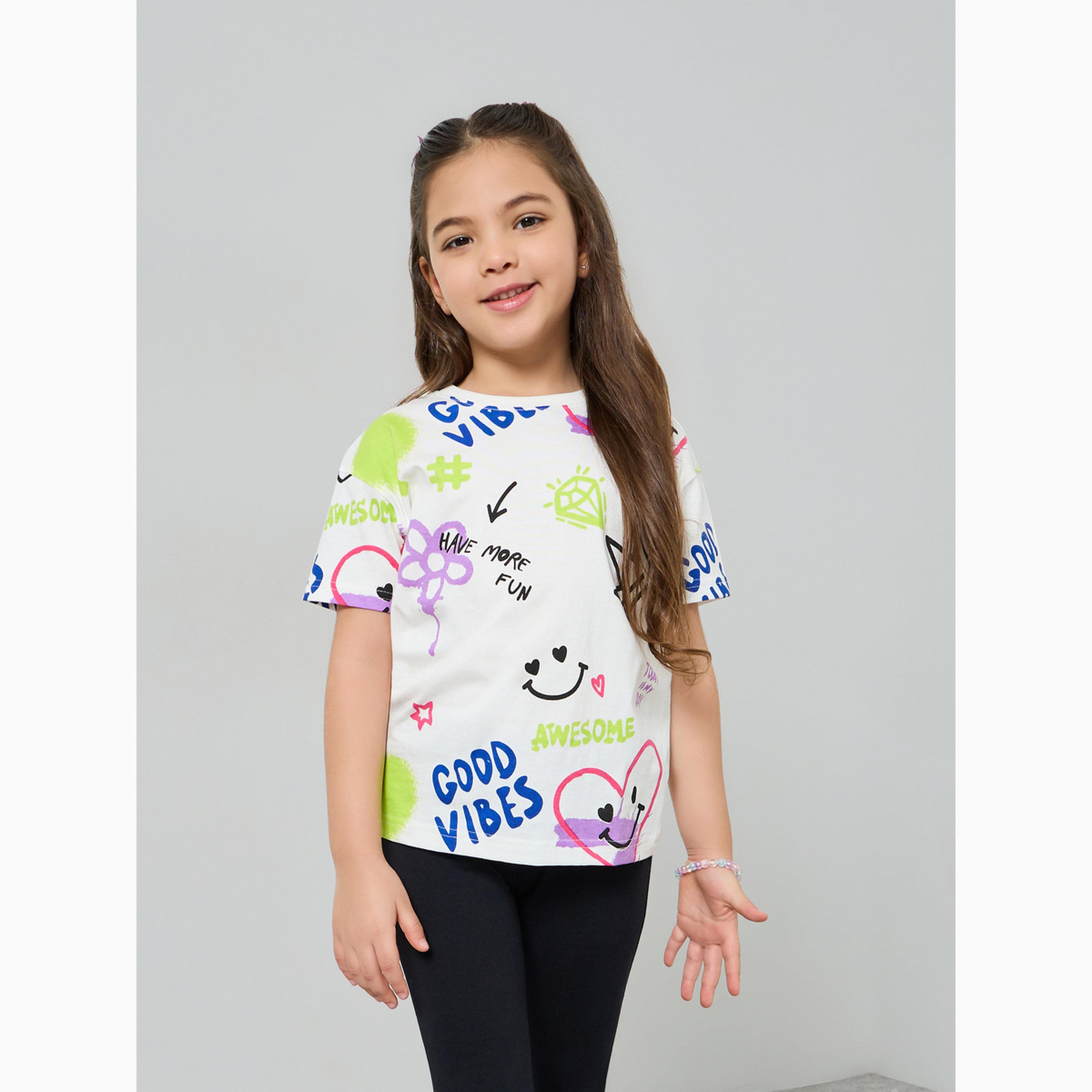 مجموعة من ليقنز بحافة واسعة وتيشيرت للبنات بطبعة جرافيك-girls-clothing-setsandcoords-image-3
