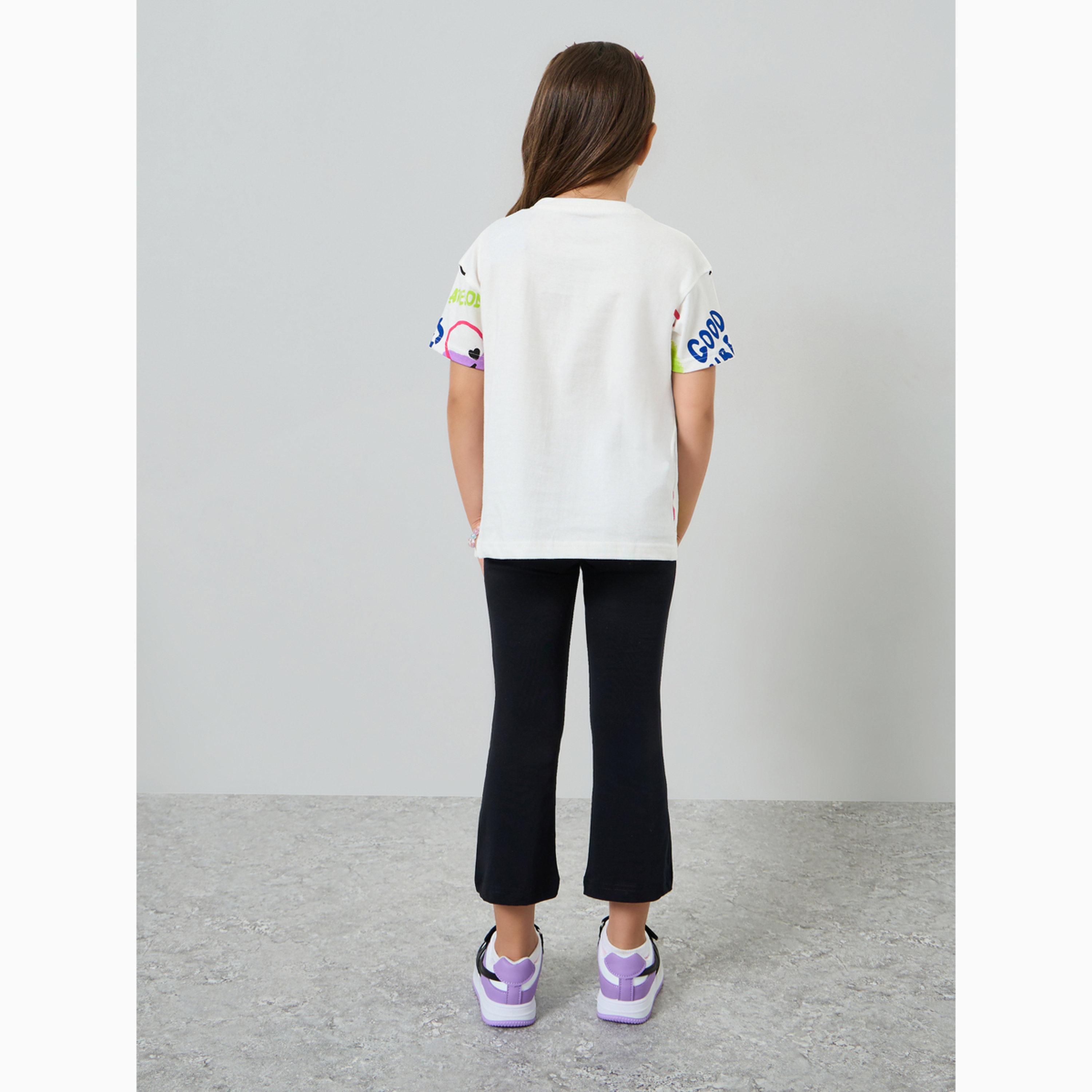 مجموعة من ليقنز بحافة واسعة وتيشيرت للبنات بطبعة جرافيك-girls-clothing-setsandcoords-image-4
