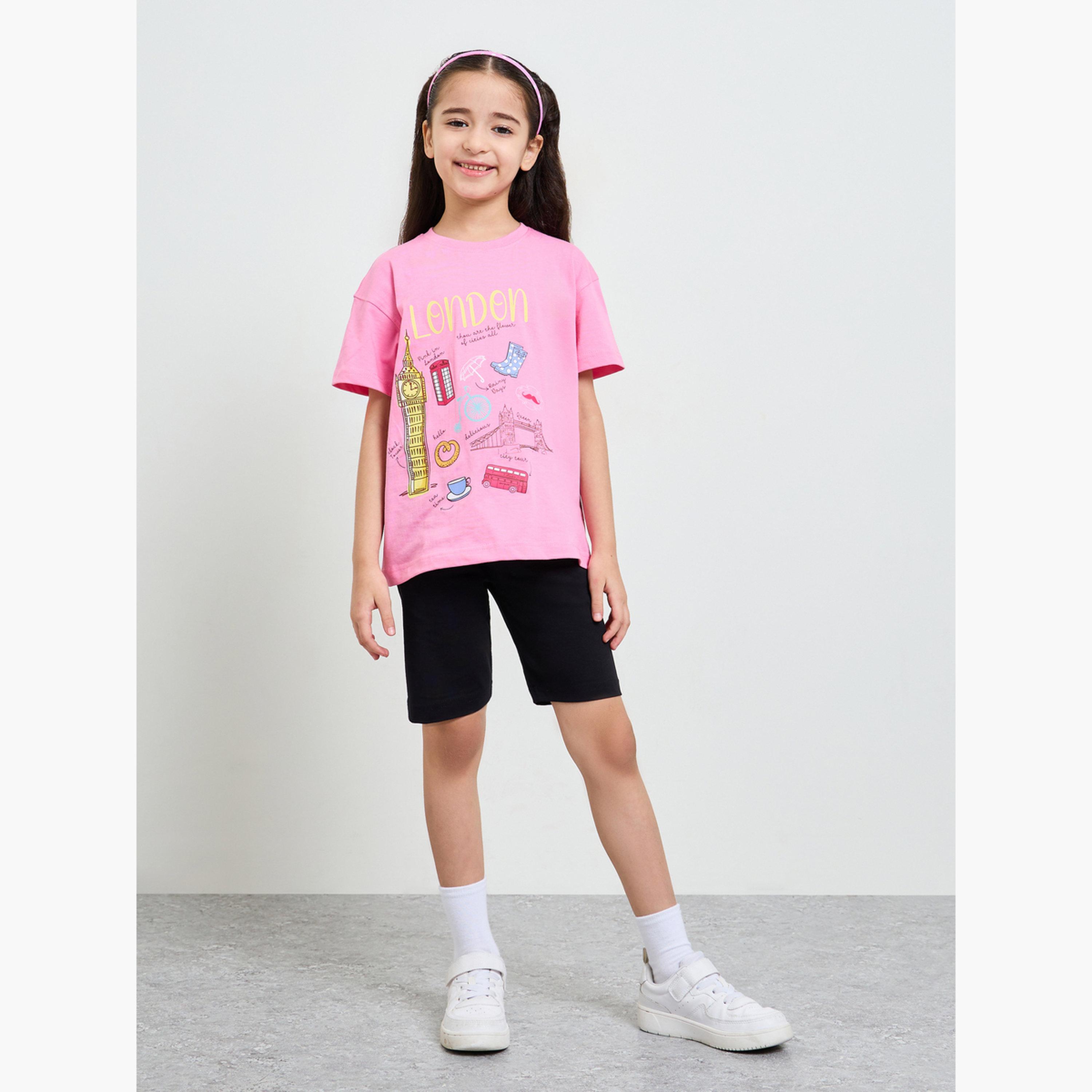ستايلي - طقم تيشيرت مطبوع كبير الحجم للبنات وشورت رياضي-girls-clothing-setsandcoords-image-2