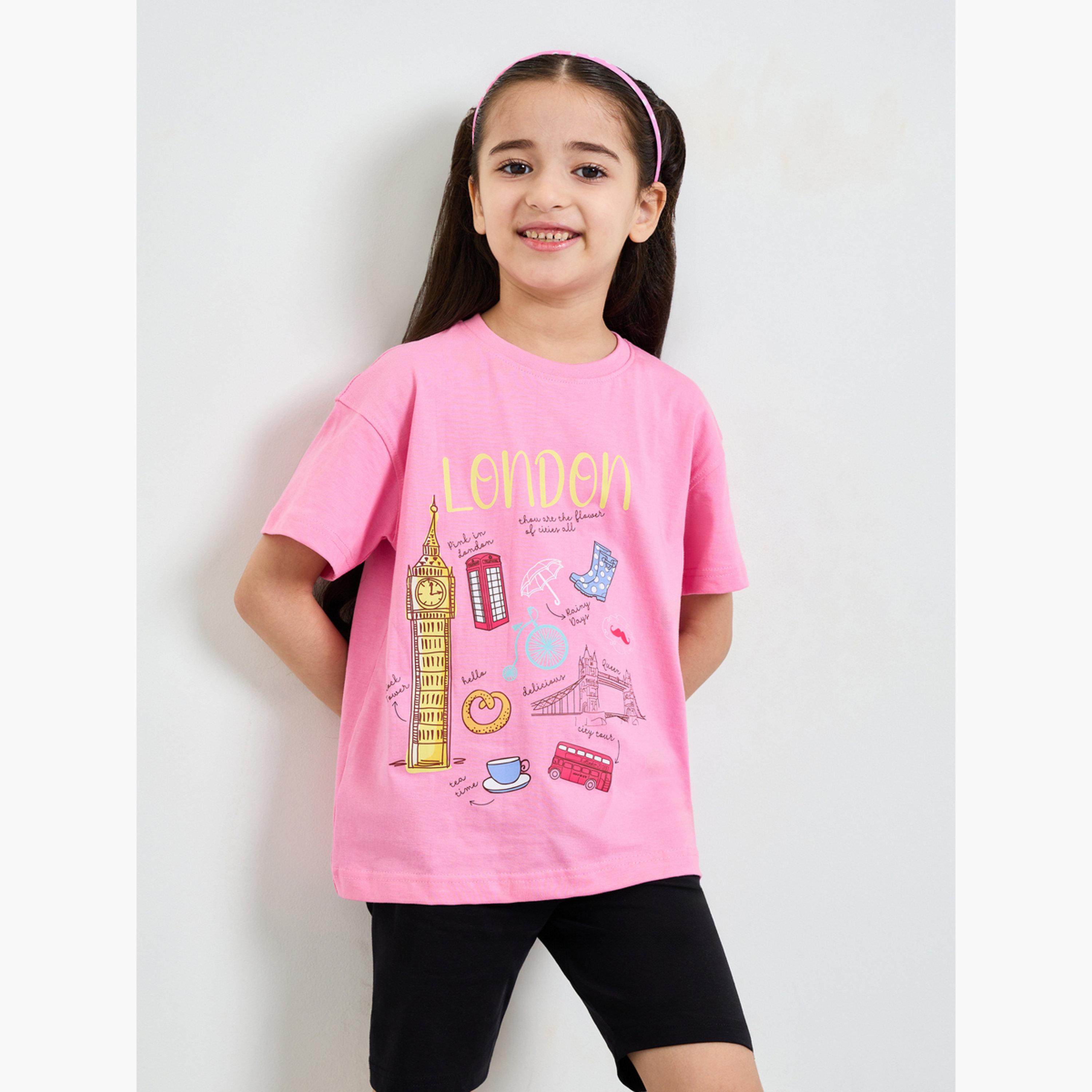 ستايلي - طقم تيشيرت مطبوع كبير الحجم للبنات وشورت رياضي-girls-clothing-setsandcoords-image-3
