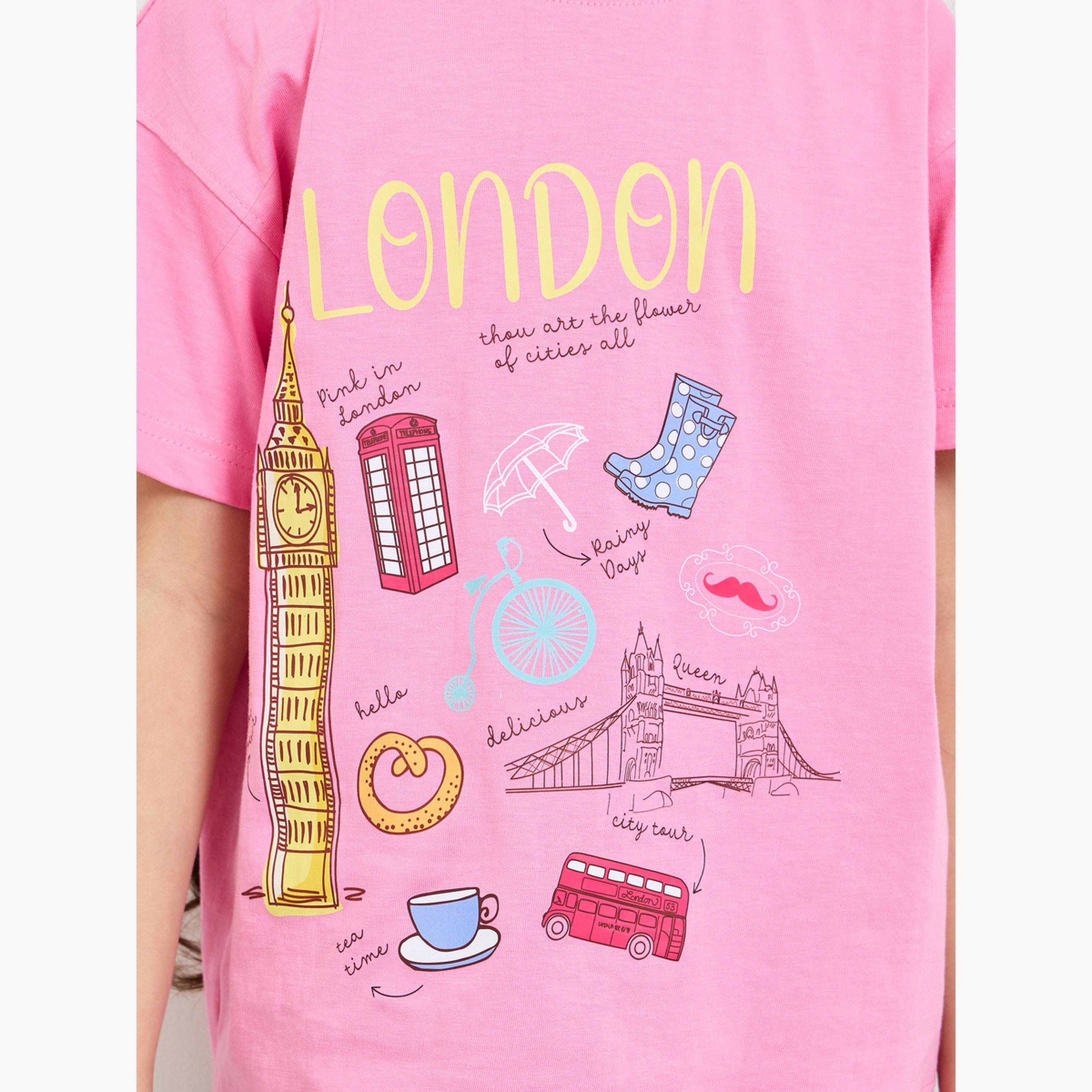 ستايلي - طقم تيشيرت مطبوع كبير الحجم للبنات وشورت رياضي-girls-clothing-setsandcoords-image-7